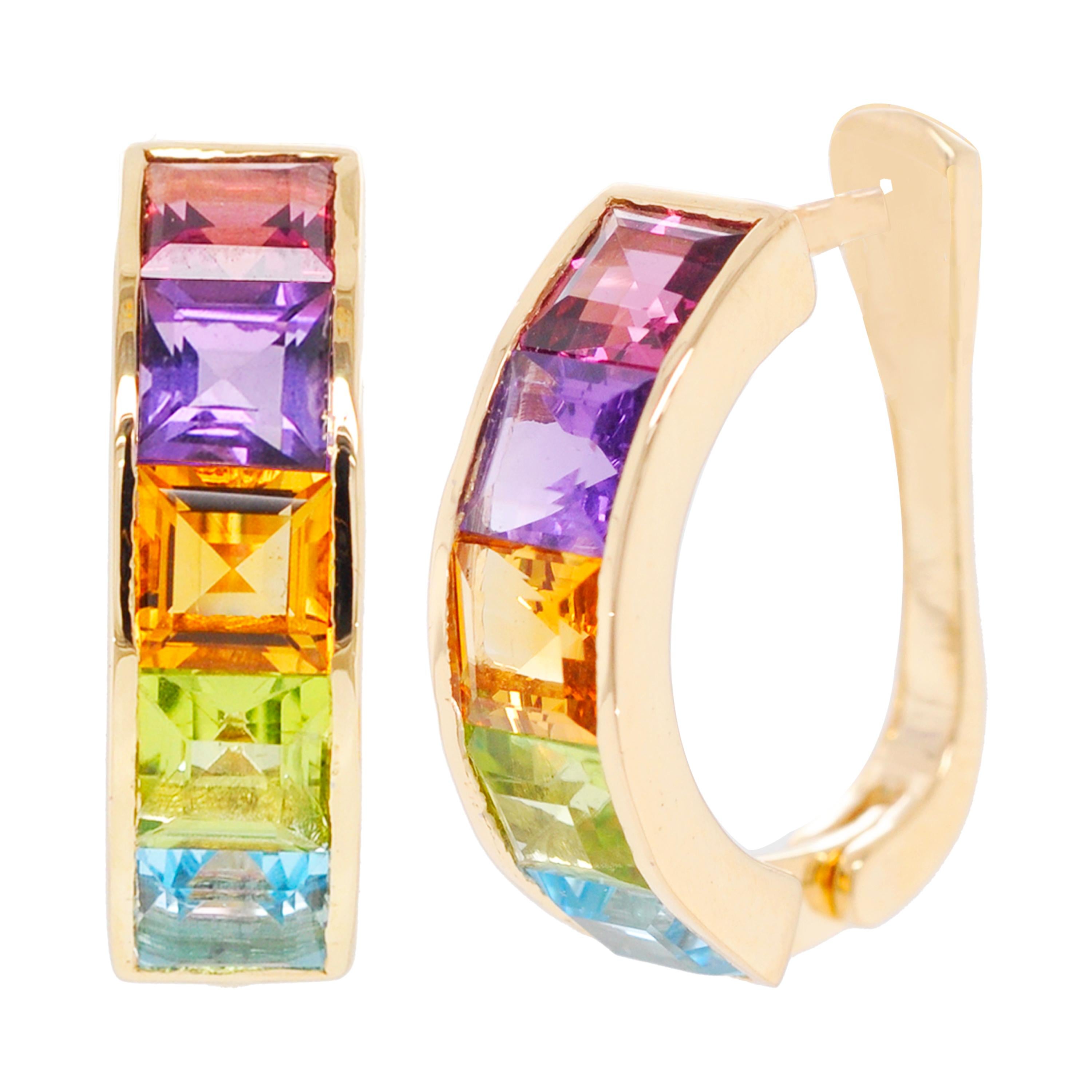 18K Gold Multicolour Step Cut Natural Gemstones Linear Rainbow Dangle Earrings For Sale 4
