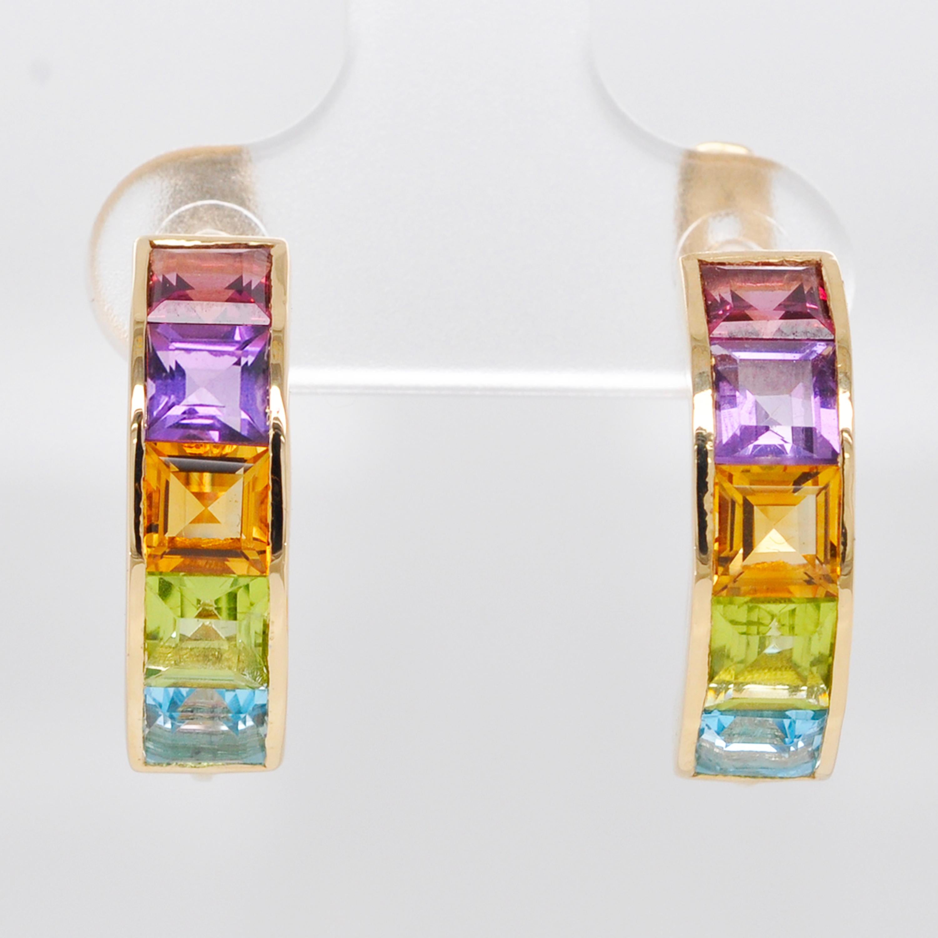 18K Gold Multicolour Step Cut Natural Gemstones Linear Rainbow Dangle Earrings For Sale 5