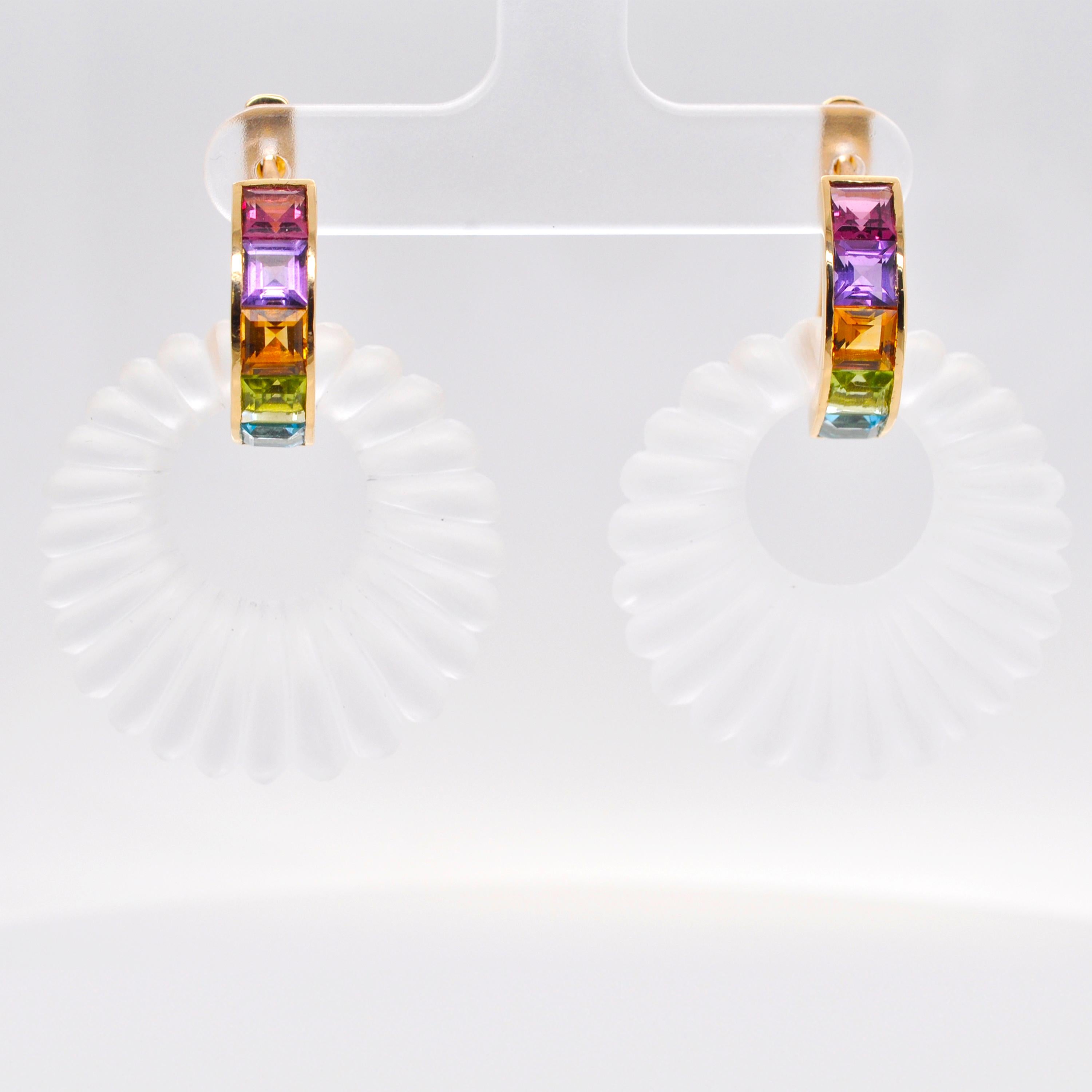 18K Gold Multicolour Step Cut Natural Gemstones Linear Rainbow Dangle Earrings For Sale 8