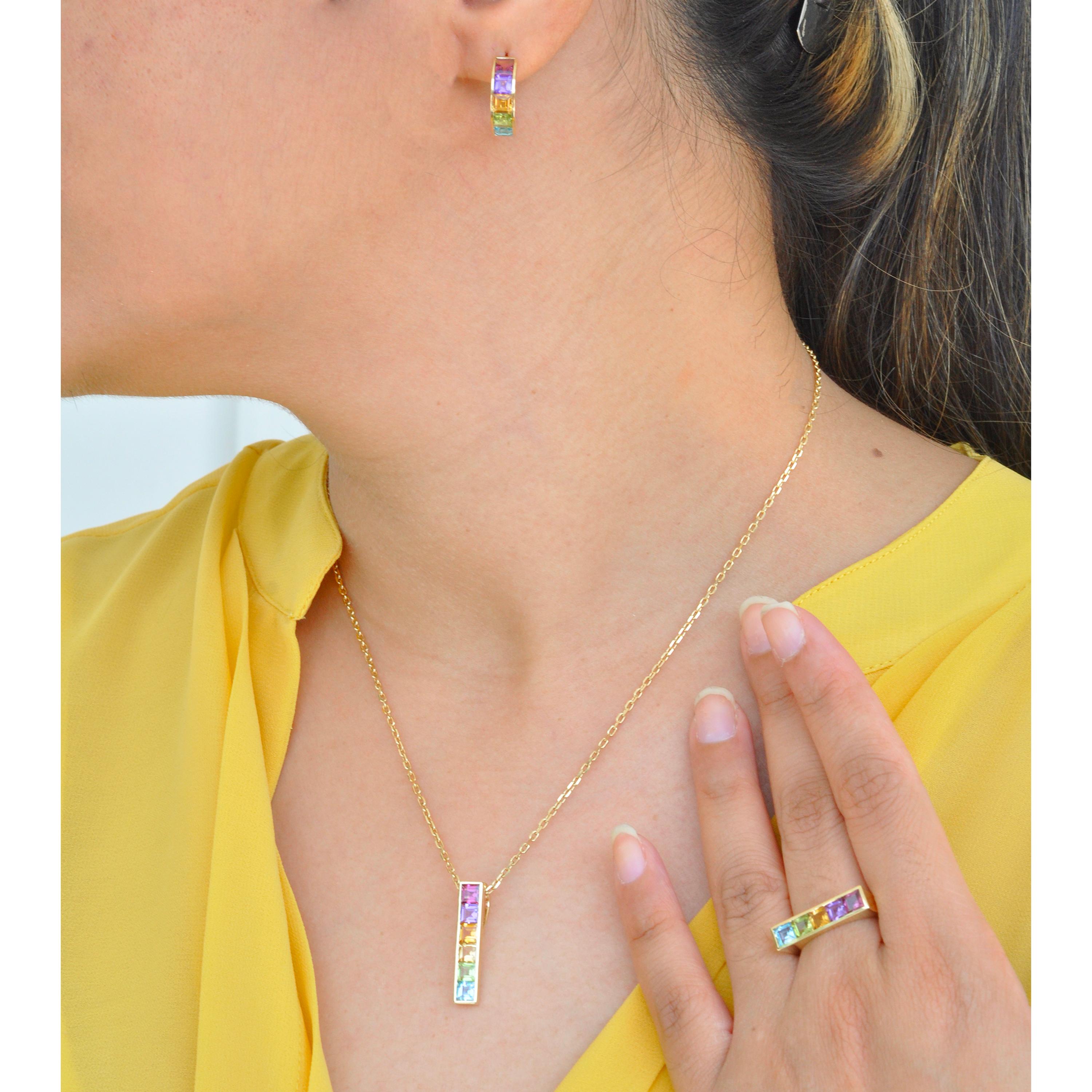18K Gold Multicolour Step Cut Natural Gemstones Linear Rainbow Dangle Earrings For Sale 9