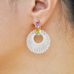 18K Gold Multicolour Step Cut Natural Gemstones Linear Rainbow Dangle Earrings