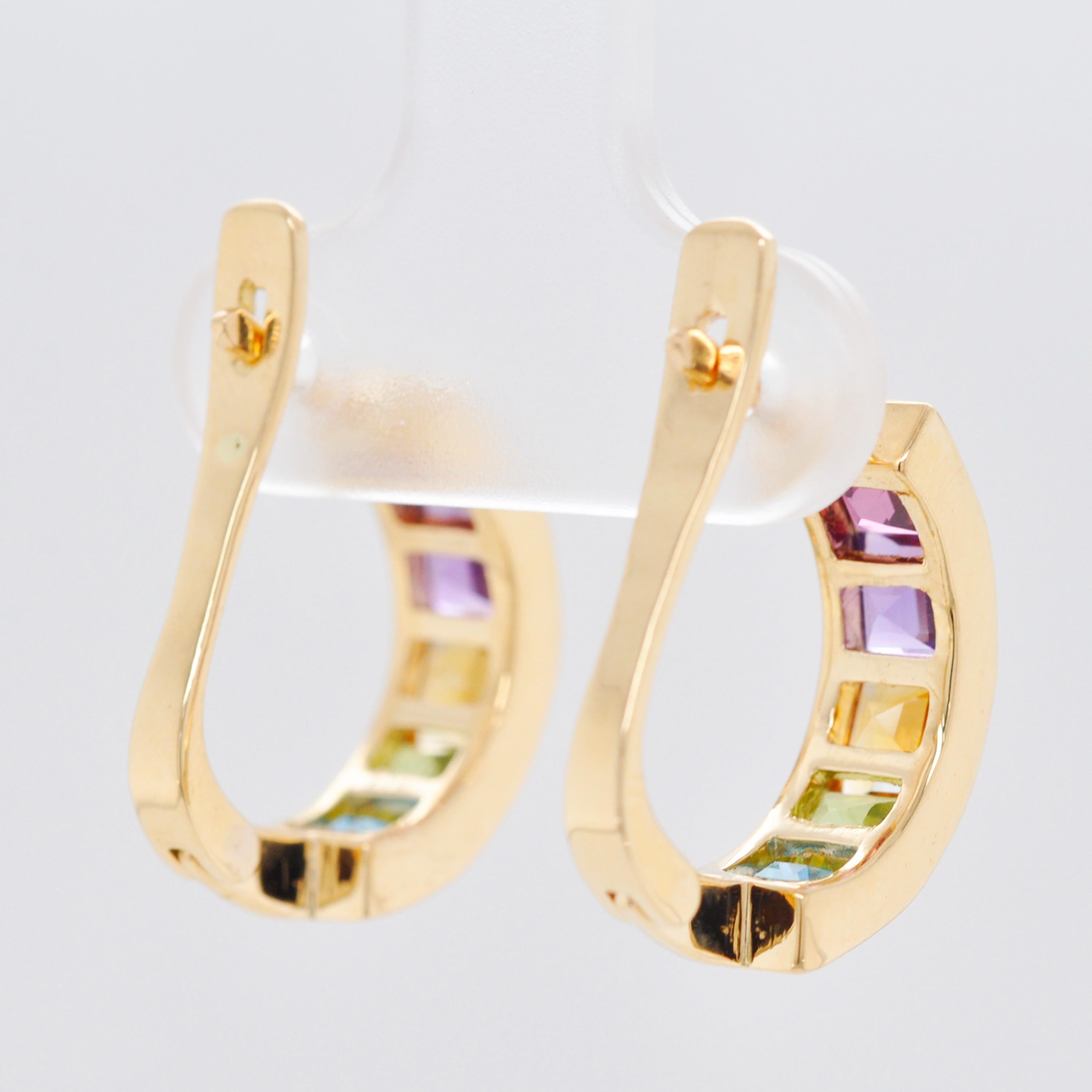 18K Gold Multicolour Step Cut Natural Gemstones Linear Rainbow Dangle Earrings For Sale 1