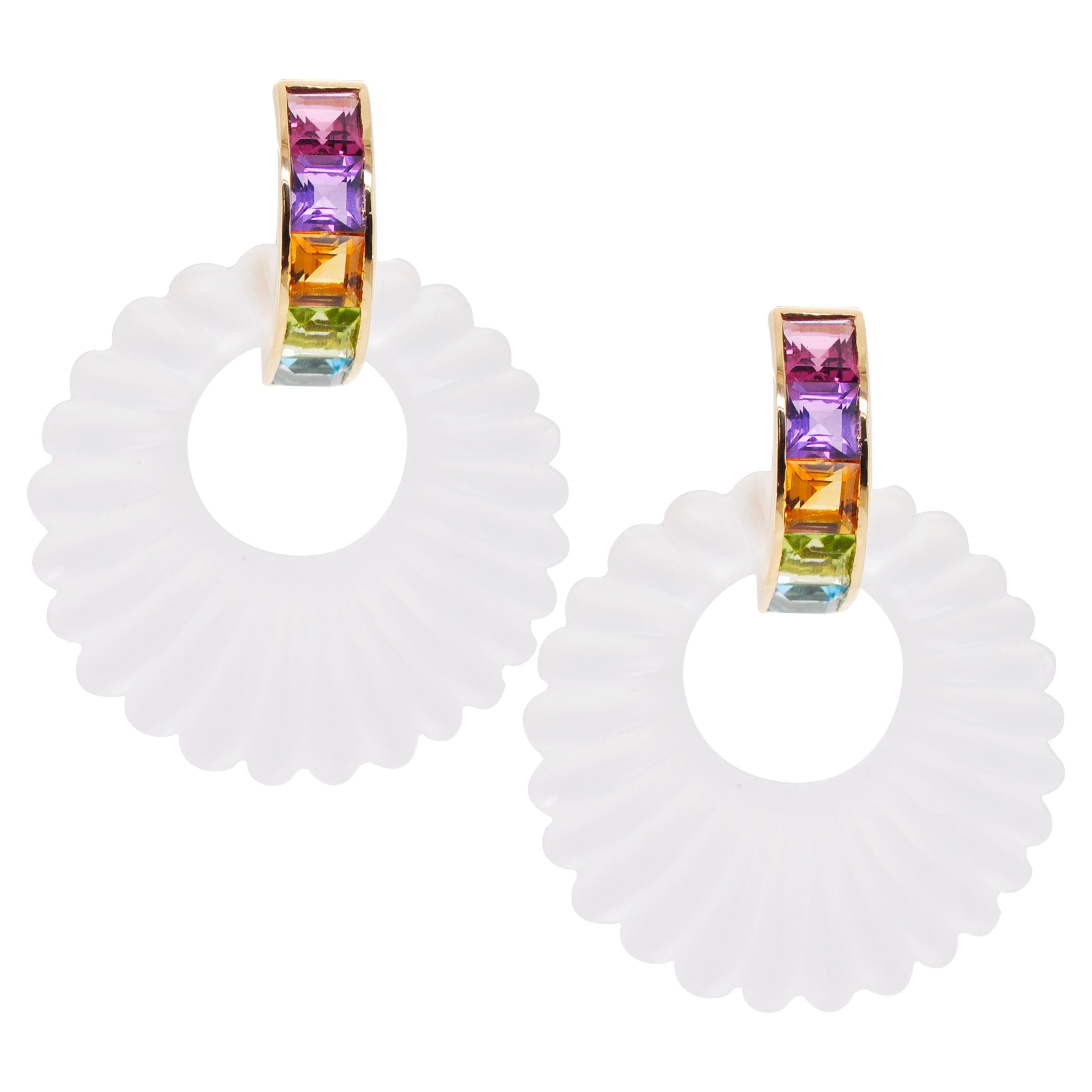 18K Gold Multicolour Step Cut Natural Gemstones Linear Rainbow Dangle Earrings For Sale