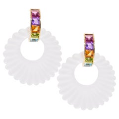 18K Gold Multicolour Step Cut Natural Gemstones Linear Rainbow Dangle Earrings