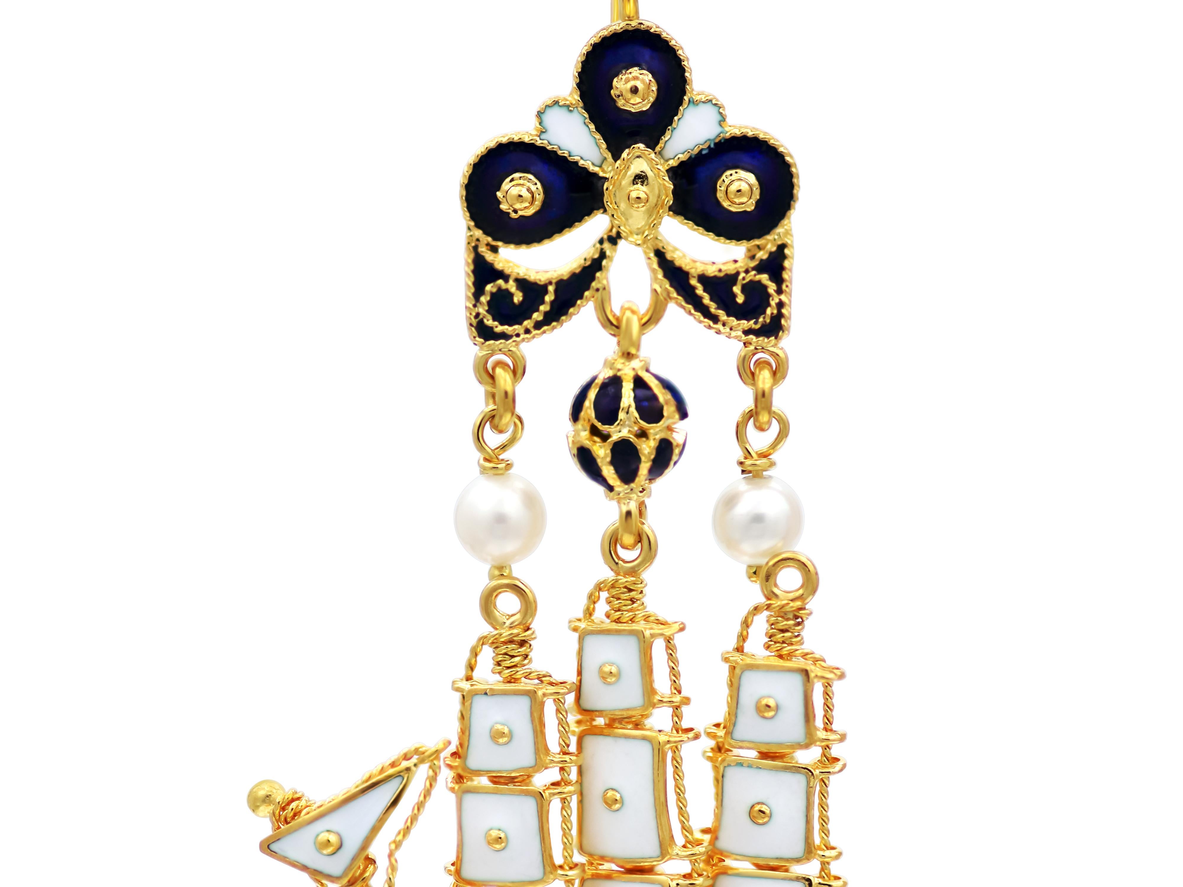 Boat earrings in 18k gold and enamel. Incredible detail workmanship with over 30 pieces complete this masterpiece. A Museum replica from the Benaki museum in Athens,  Greece. Worldwide famous artifact can be easily be a subject of conversation and a