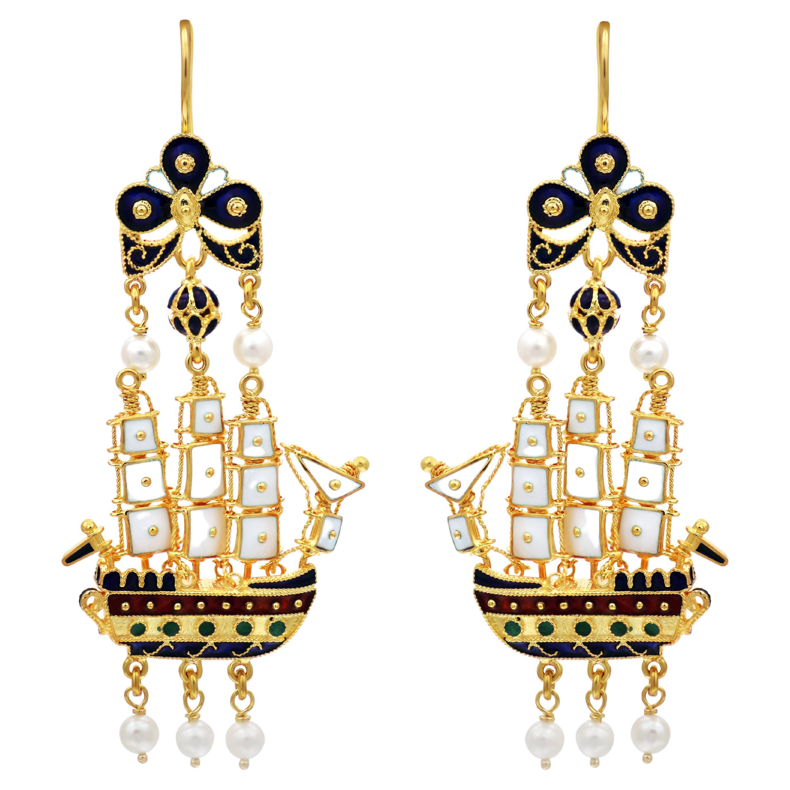 18k Gold Museum Replica Boat Earrings with Enamel For Sale