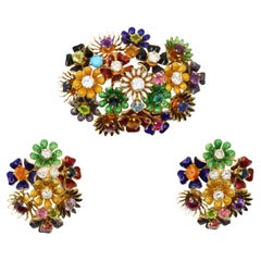 18K Gold Muti-Gem Enamel Flower Brooch & Earring