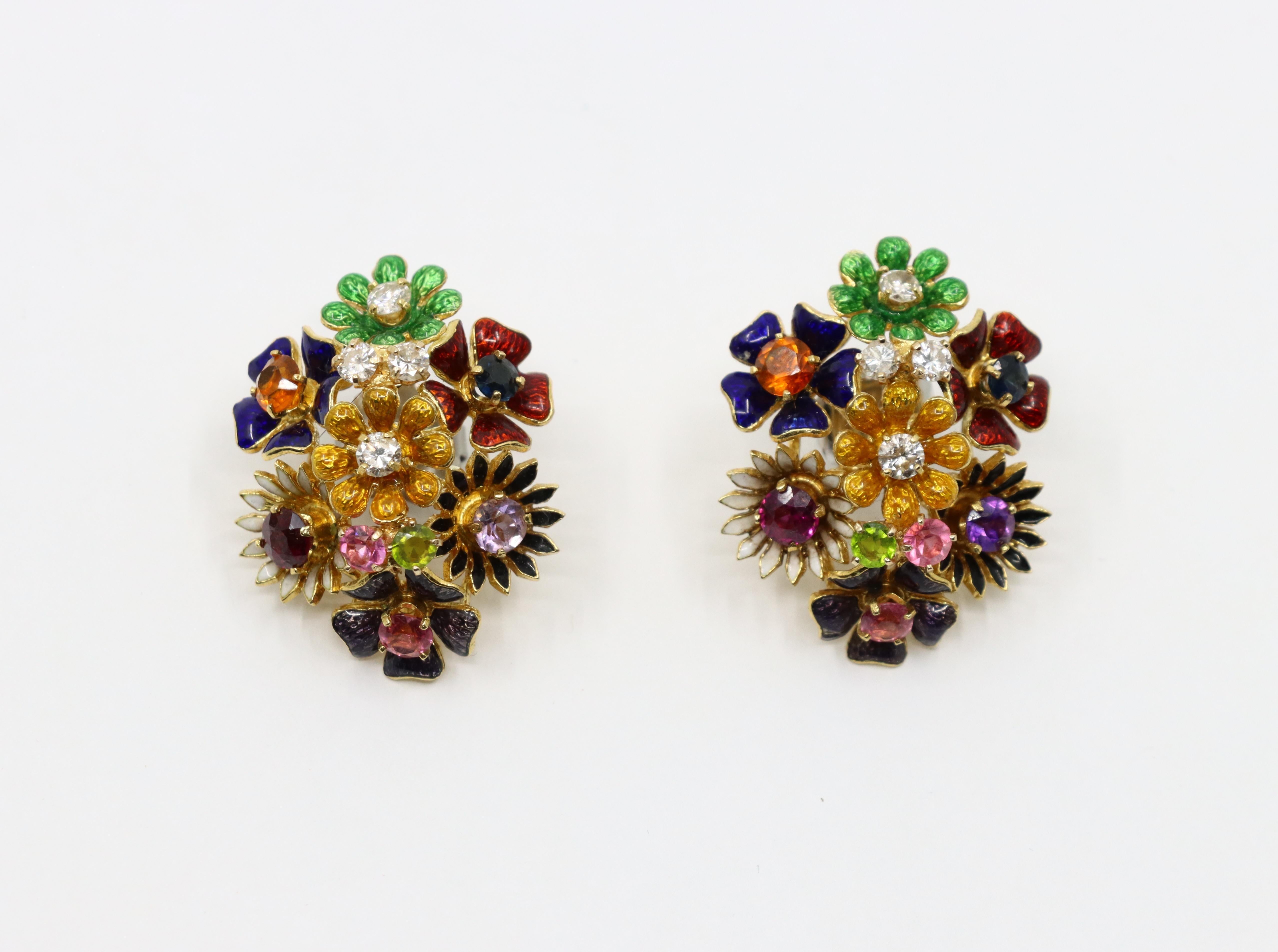 Brilliant Cut 18K Gold Muti-Gem Enamel Flower Earring For Sale