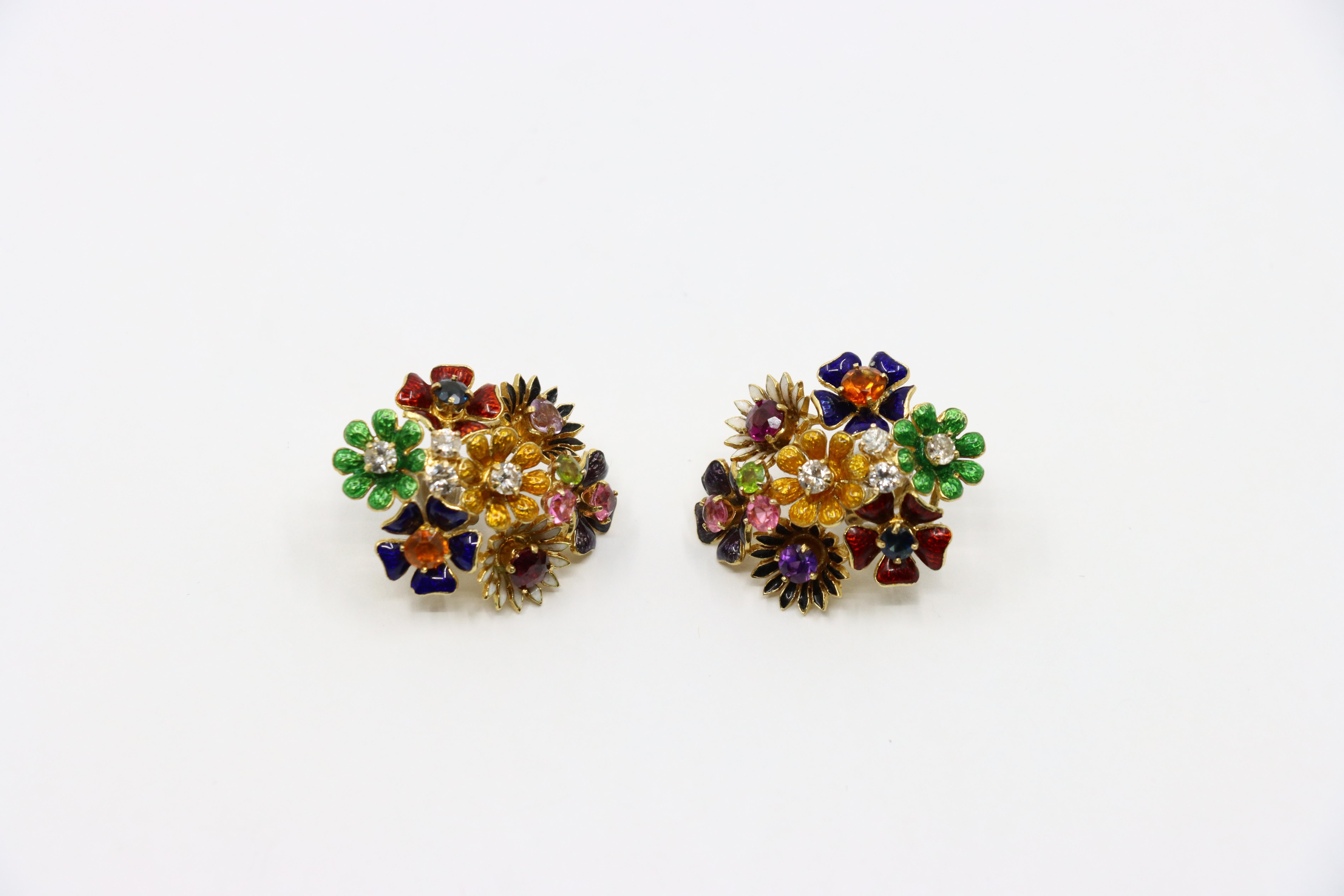 18K Gold Muti-Gem Enamel Flower Earring In Good Condition For Sale In Flushing, NY