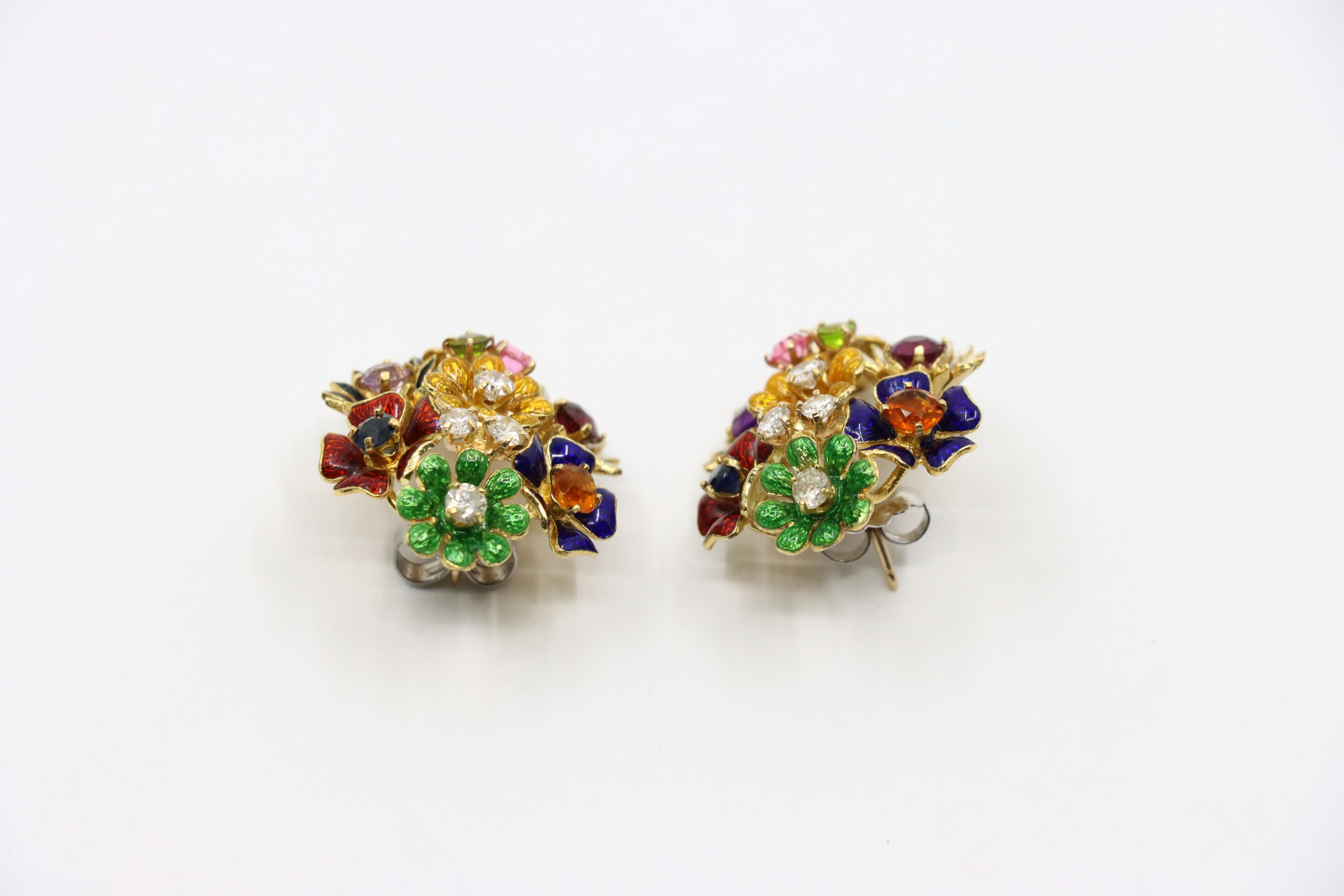 Women's 18K Gold Muti-Gem Enamel Flower Earring For Sale