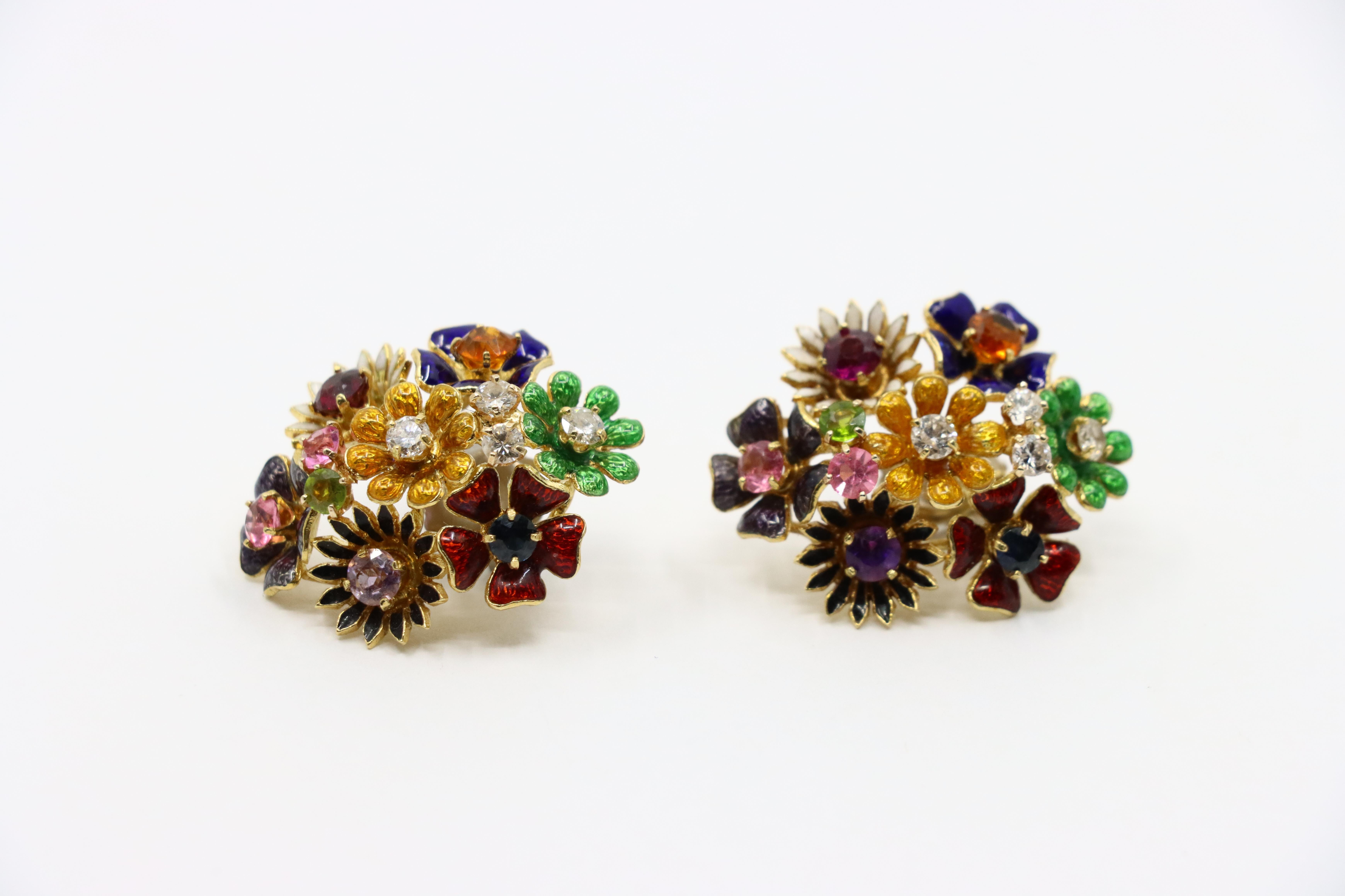 18K Gold Muti-Gem Enamel Flower Earring For Sale 1
