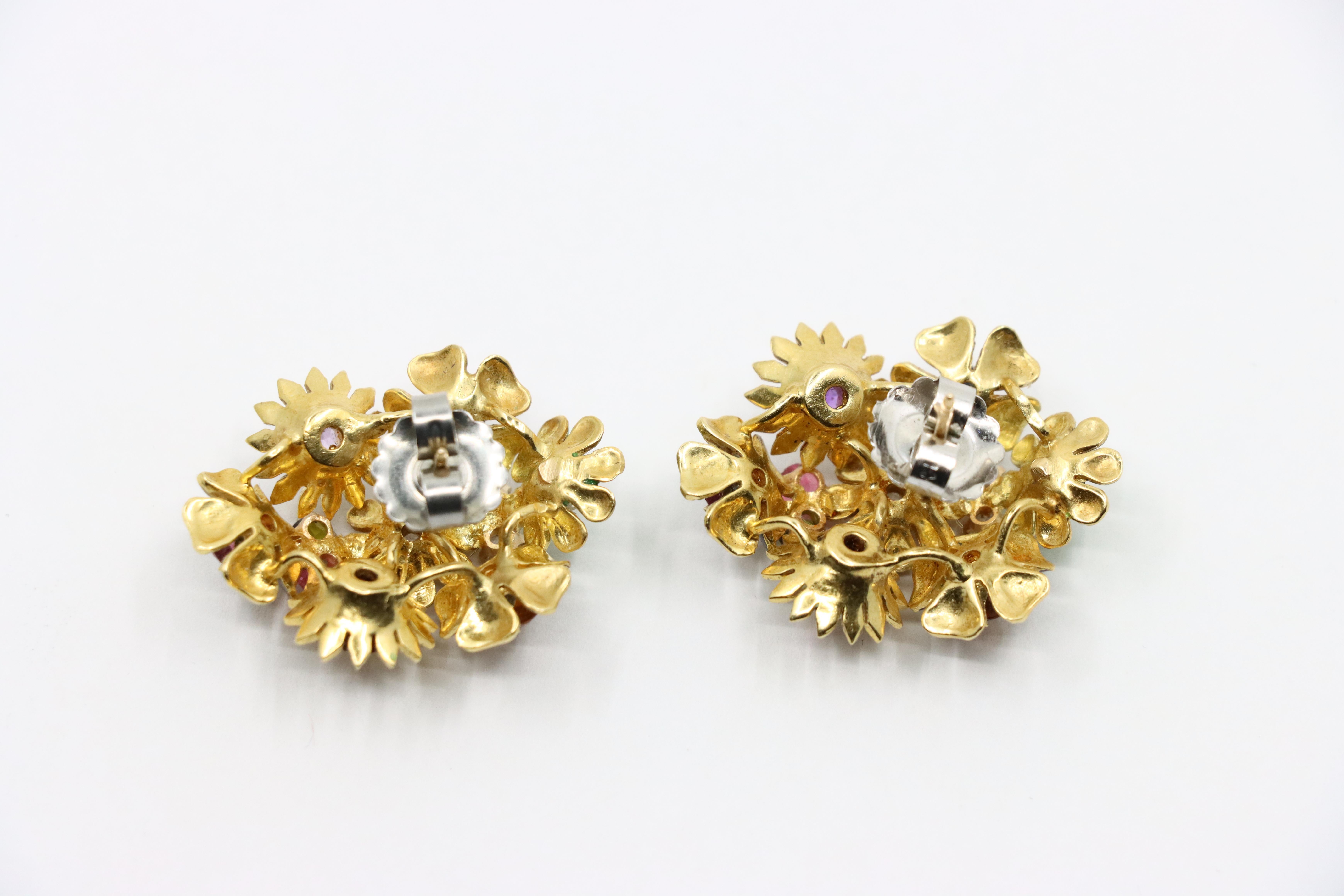 18K Gold Muti-Gem Enamel Flower Earring For Sale 2
