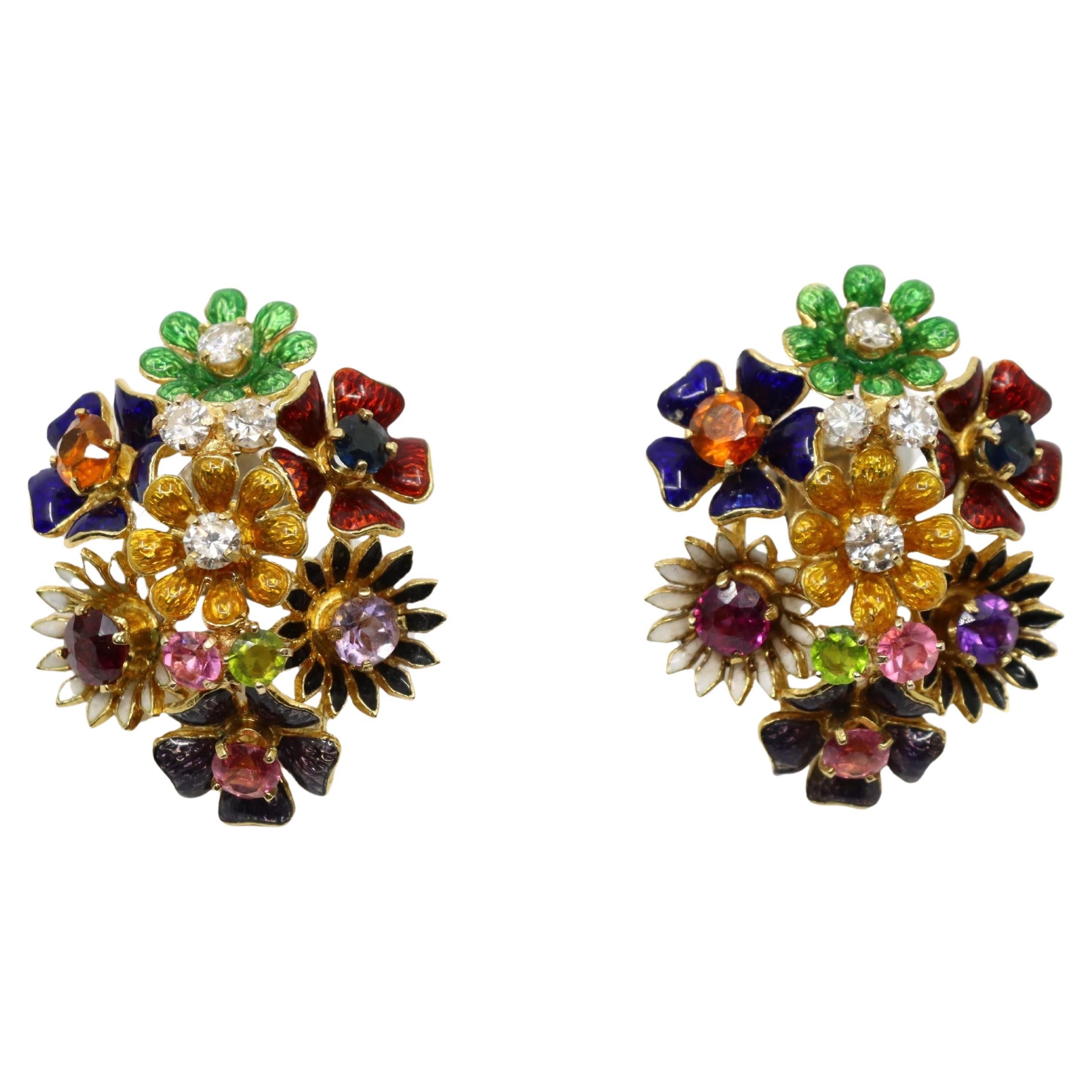 18K Gold Muti-Gem Enamel Flower Earring For Sale