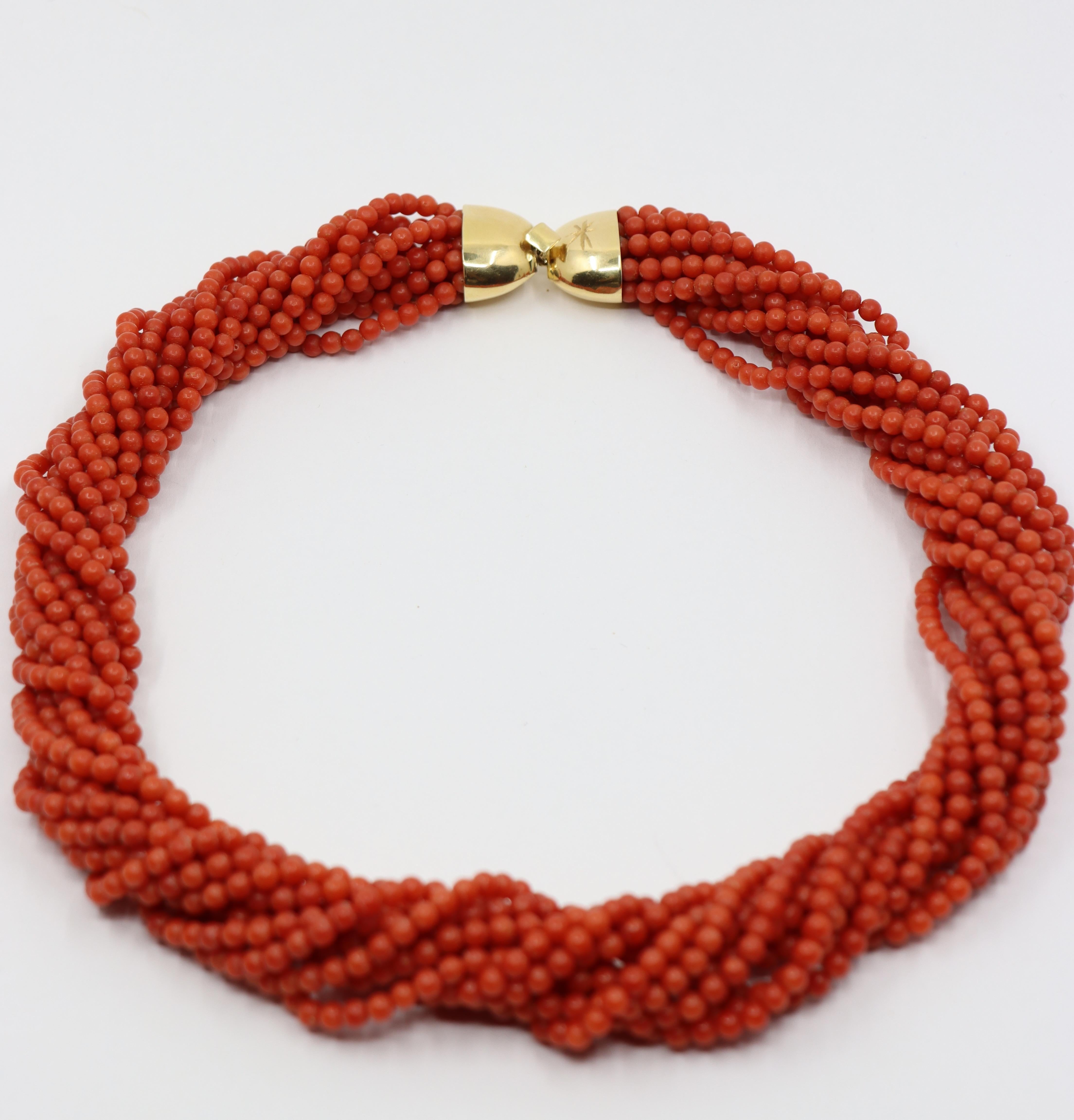 18K Gold Muti-Stands Coral Beads Necklace For Sale 6
