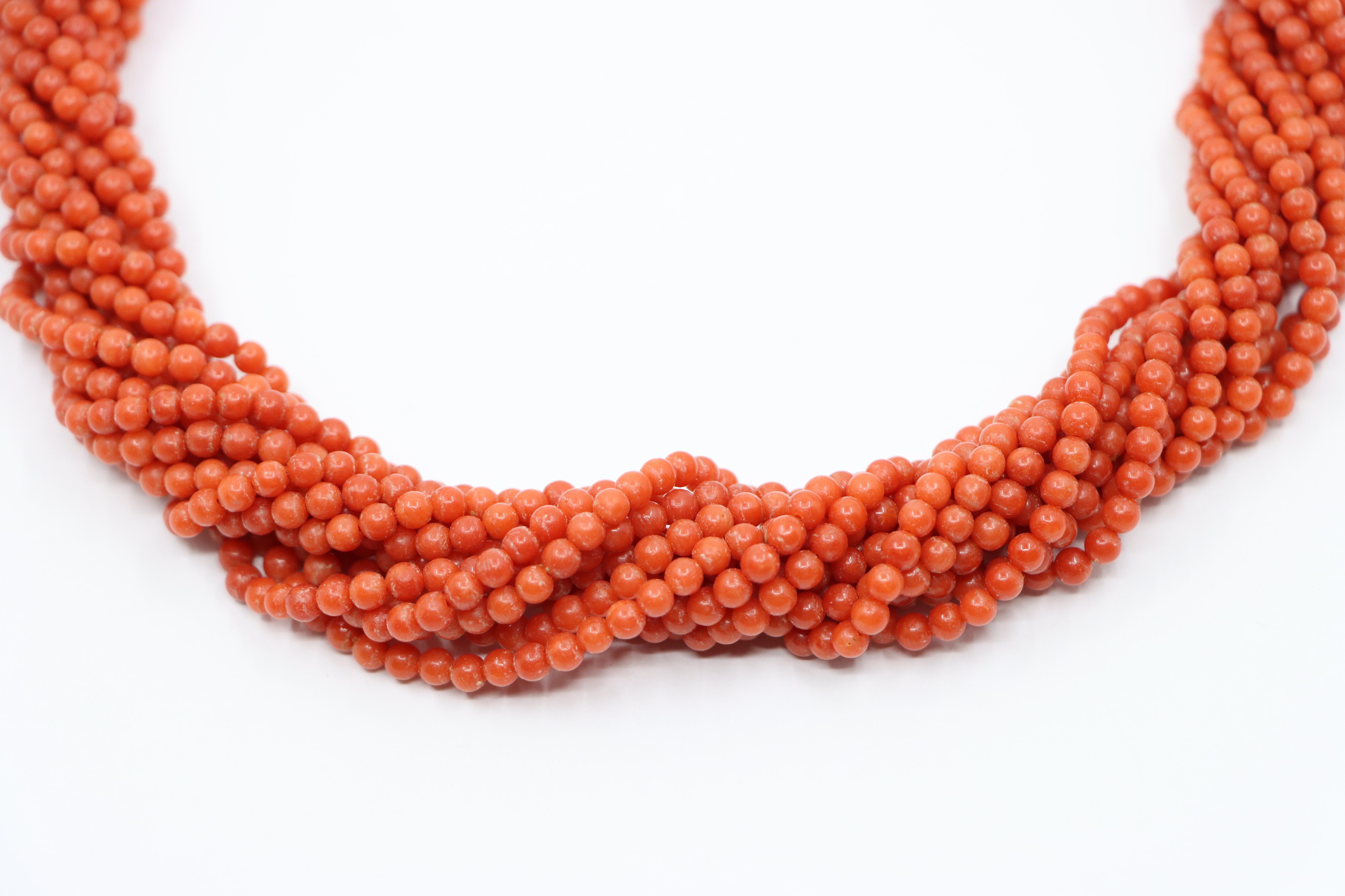 Round Cut 18K Gold Muti-Stands Coral Beads Necklace For Sale