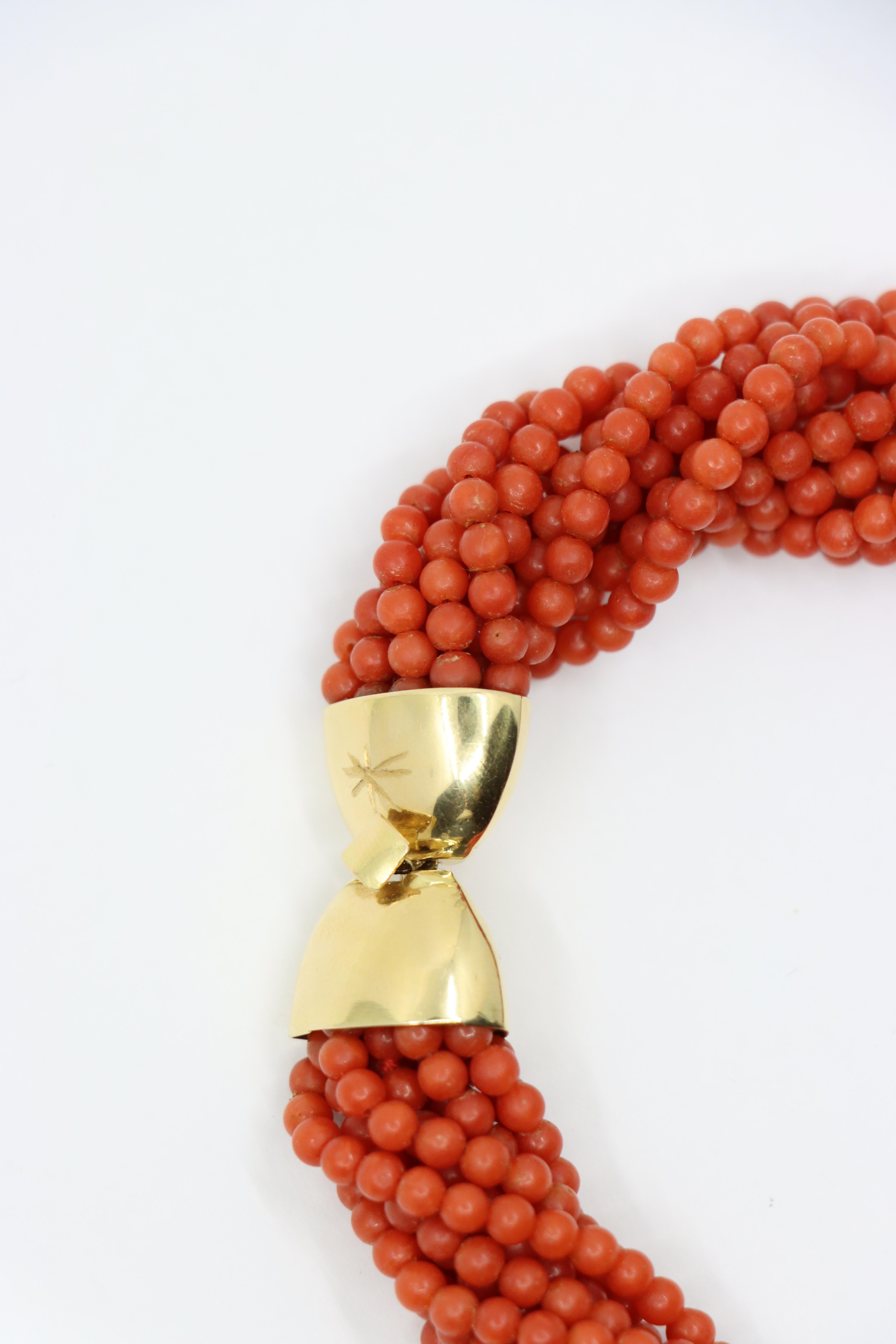 Women's or Men's 18K Gold Muti-Stands Coral Beads Necklace For Sale