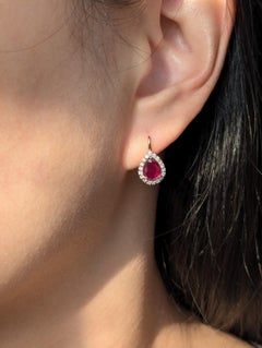 18k Gold Natural 1.82ct Pink Ruby Diamond Pear Drop Earrings French Hook