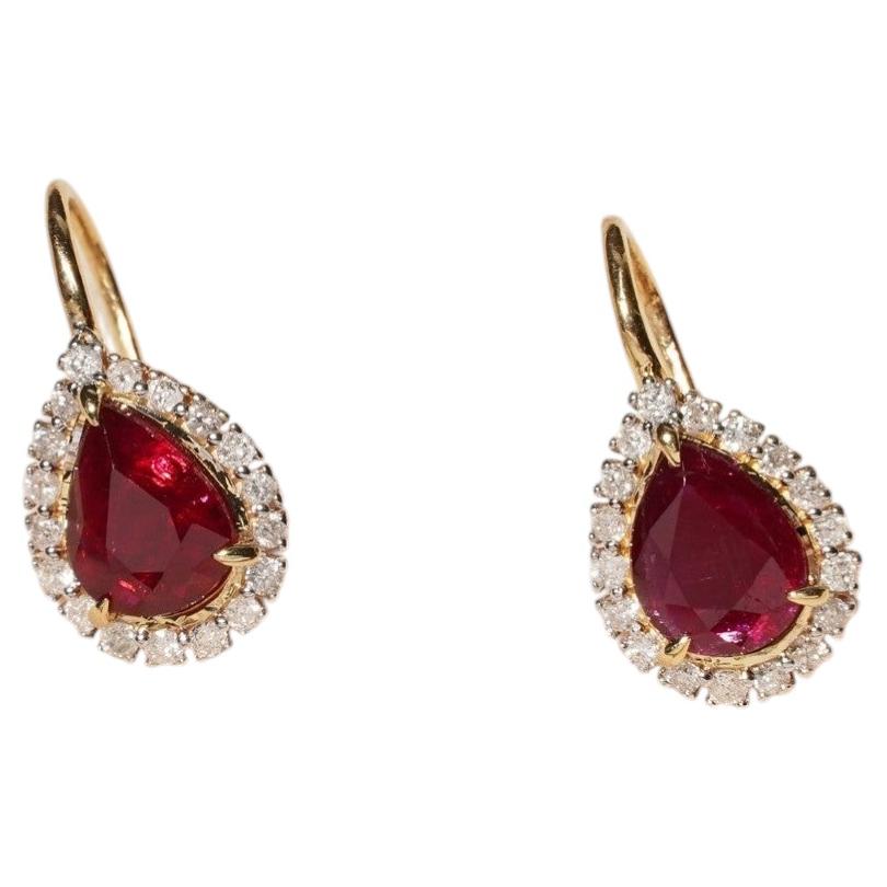 18k Gold Natural 1.82ct Pink Ruby Diamond Pear Drop Earrings French Hook