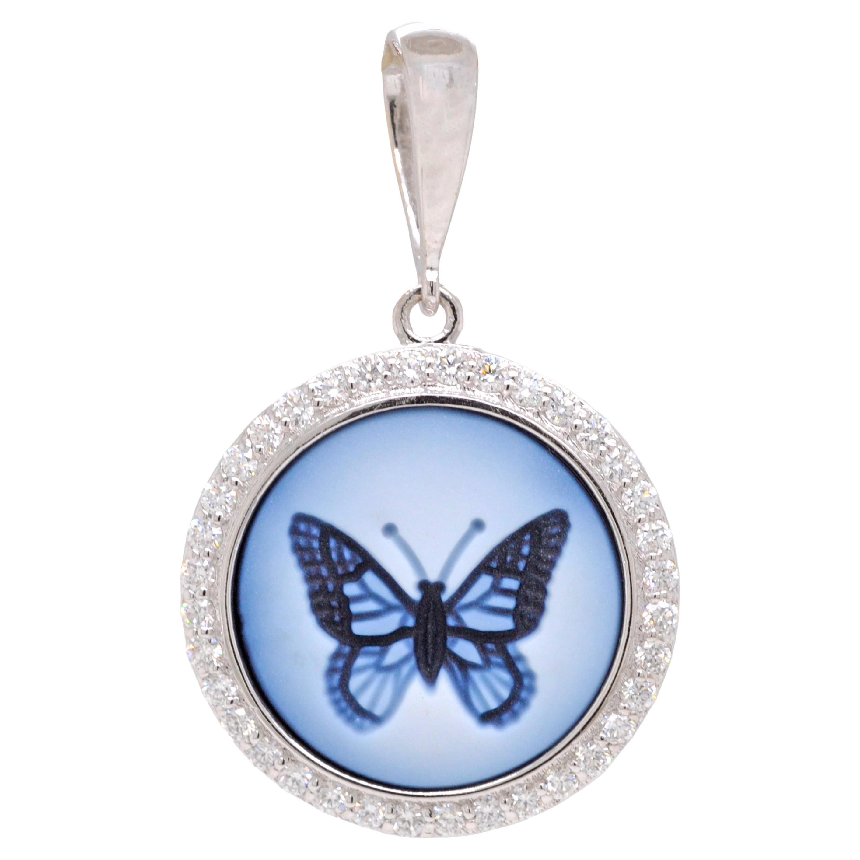 18 Karat Gold Natürlicher Achat Schmetterlings-Intaglio-Diamant-Anhänger-Halskette