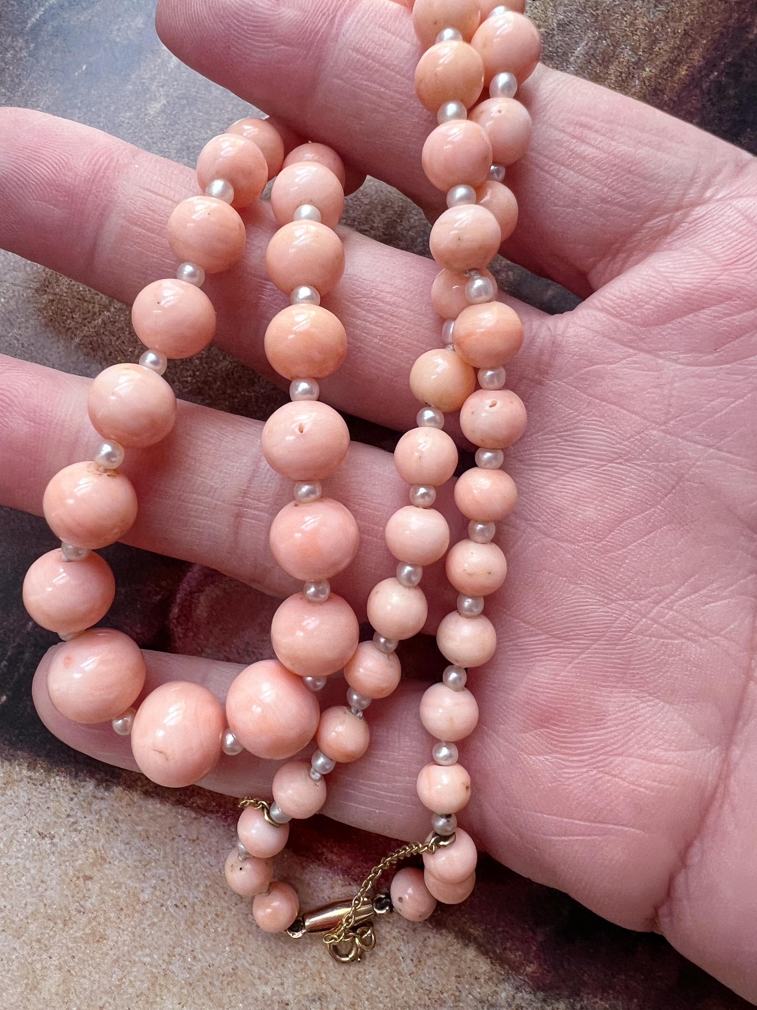 Bead 18k Gold Natural Angel Skin Pink Coral Pearl Necklace For Sale