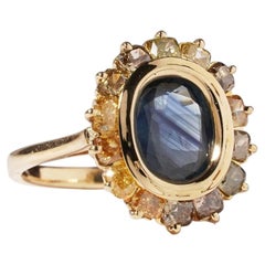 18k Gold Natural Blue Sapphire & Champagne Yellow Diamond Flower Halo Ring