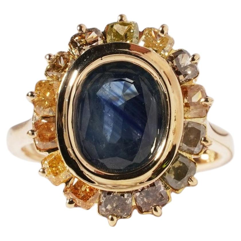 18k Gold Natural Blue Sapphire & Champagne Yellow Diamond Flower Halo Ring