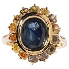 18k Gold Natural Blue Sapphire & Champagne Yellow Diamond Flower Halo Ring