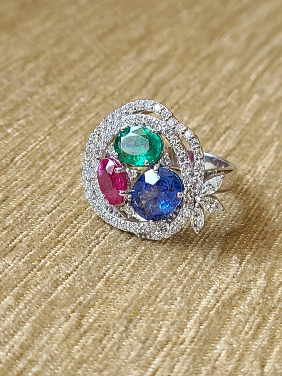 18k Gold, Natural Blue Sapphire, Emerald, Ruby & Diamonds 