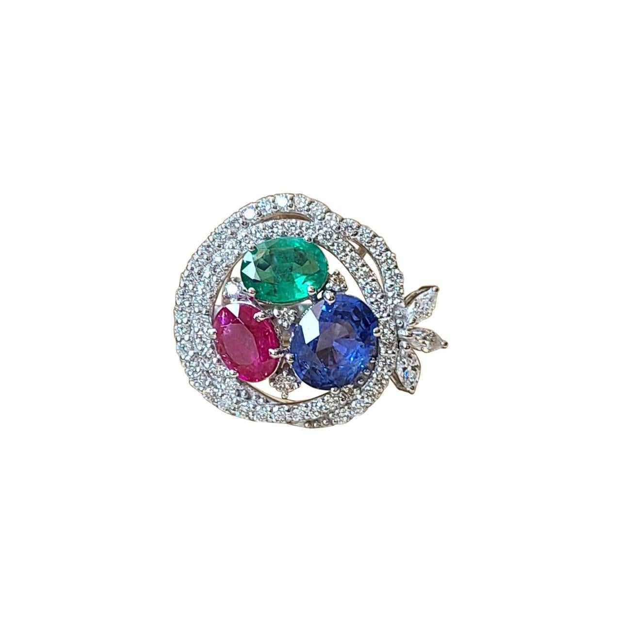 18k Gold, Natural Blue Sapphire, Emerald, Ruby & Diamonds "Nest" Cocktail Ring