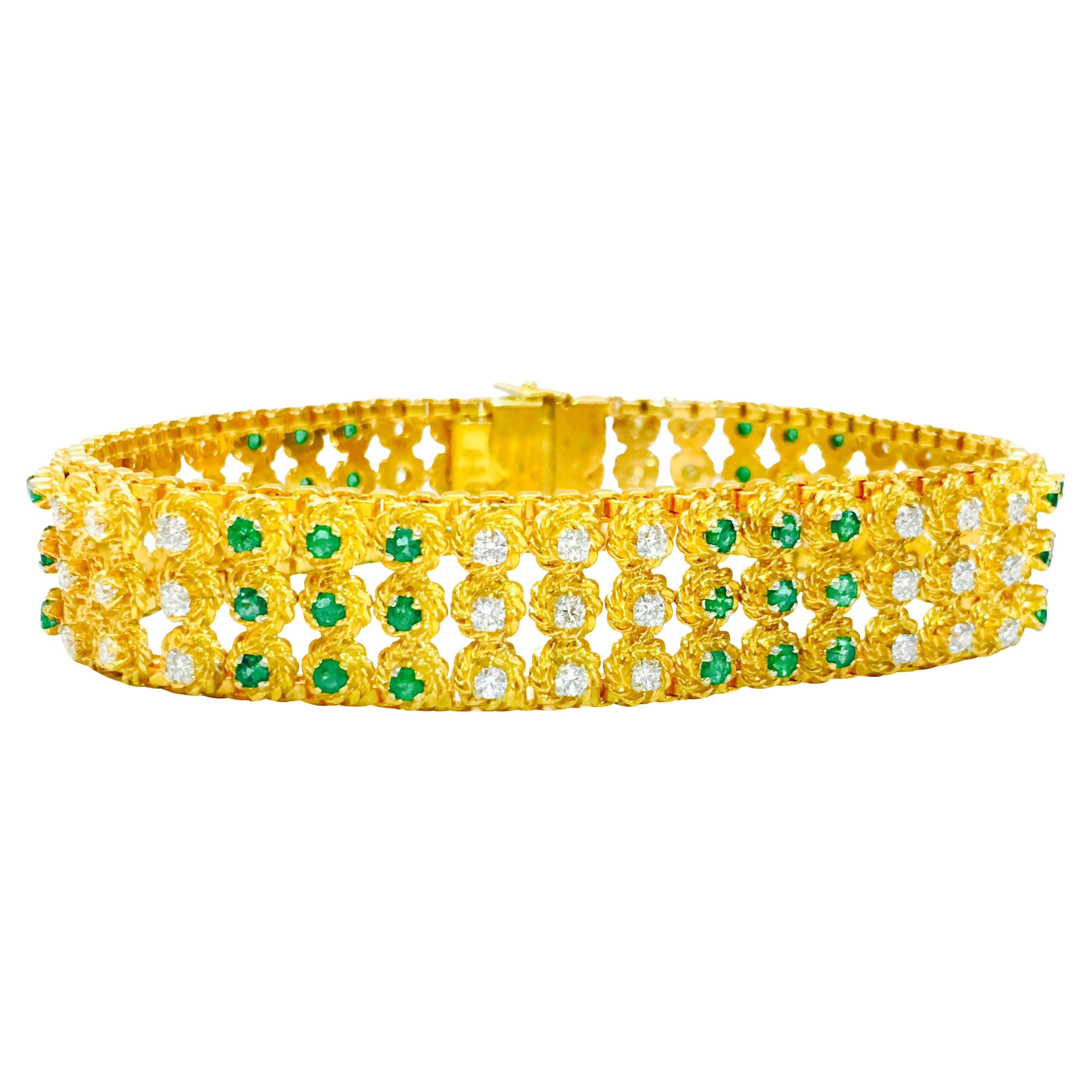 18k Gold Natural Colombian Emerald Diamond Bracelet For Sale