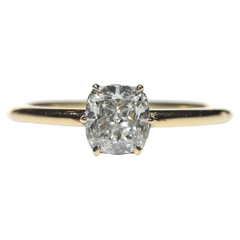 18k Gold Natural Cushion Cut Diamond Decorated Solitaire Engagement Ring