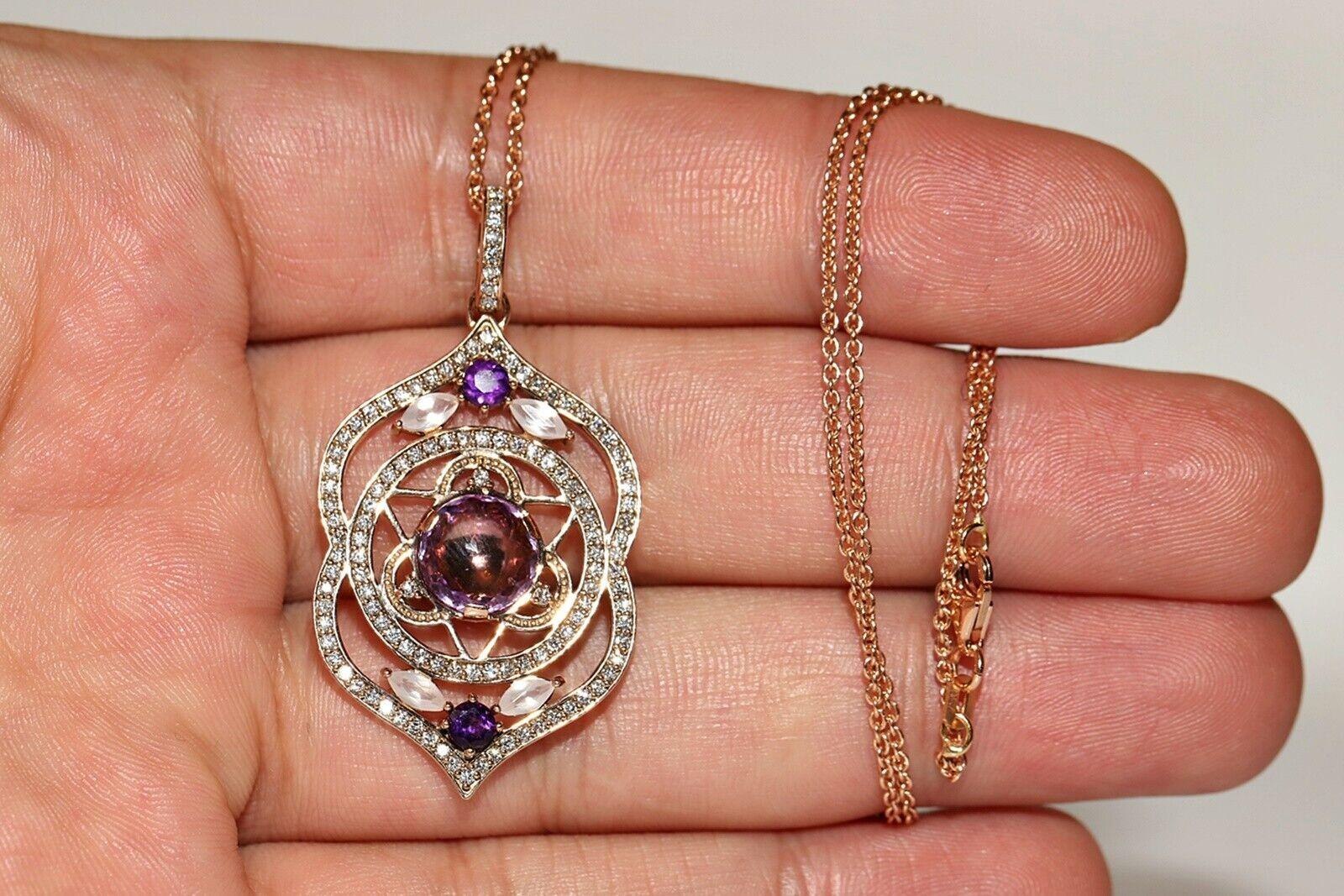 18k Gold Natural Diamond And Amethyst Decrated Pretty Pendant Necklace For Sale 5