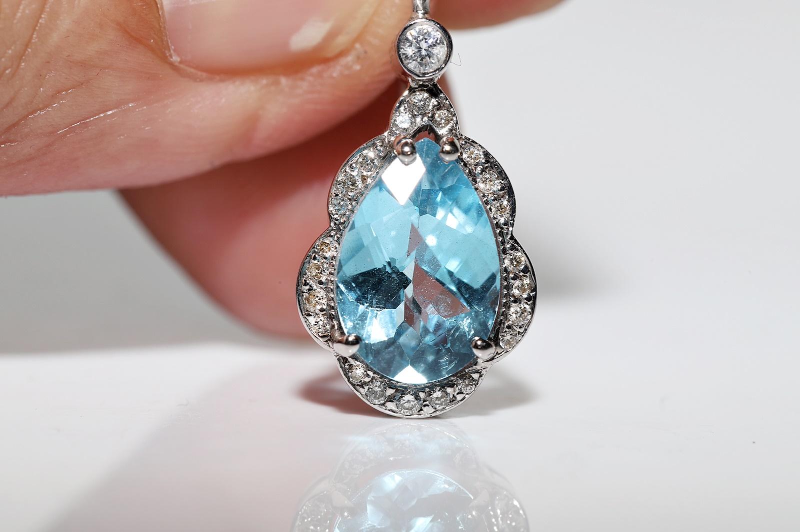 18 Karat Gold Natürlicher Diamant und blauer Topas  Verzierter Tropfenohrring  im Angebot 6