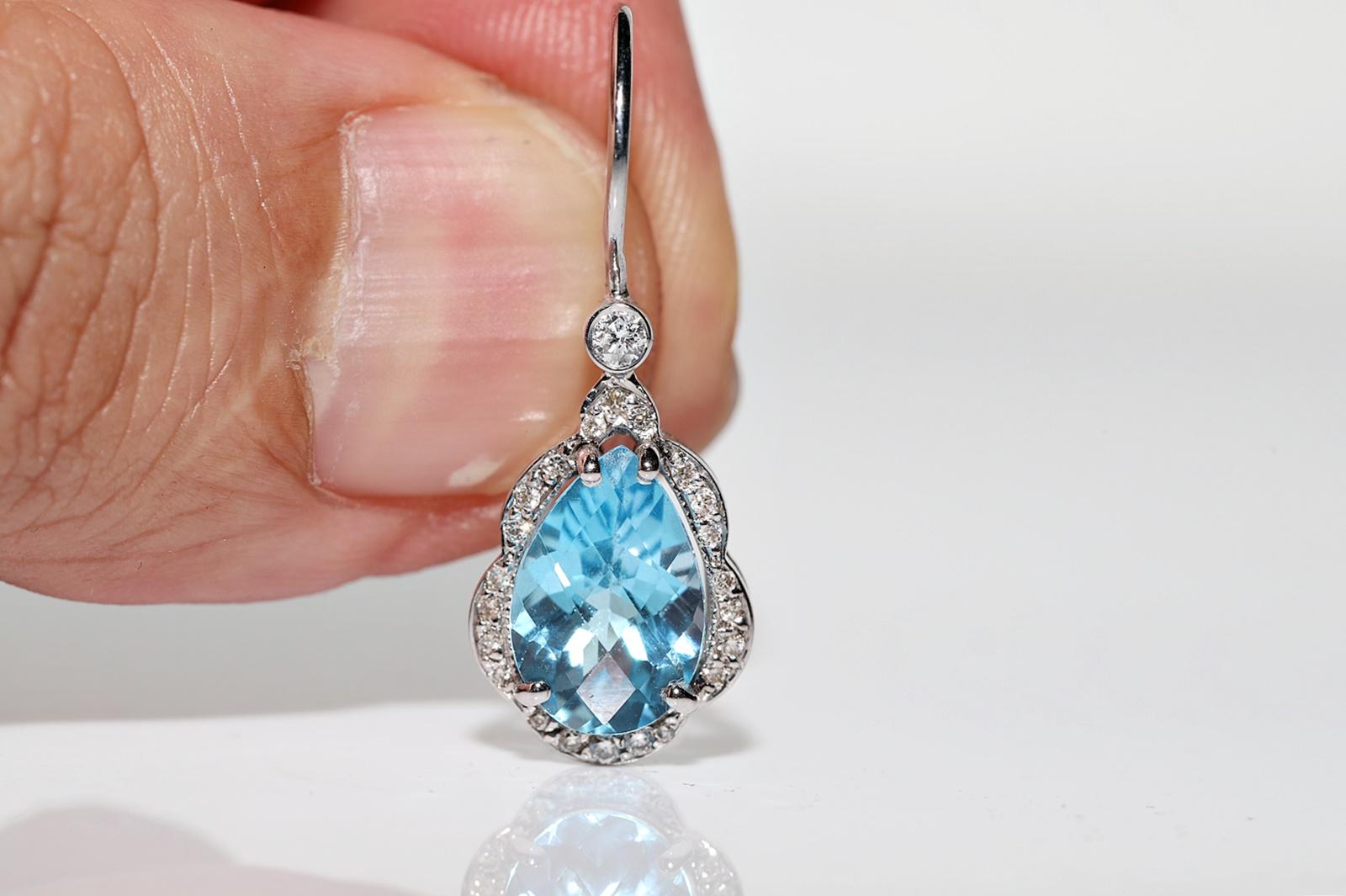 18k Gold Natural Diamond And Blue Topaz  Decorated Drop Earring  In Good Condition For Sale In Fatih/İstanbul, 34