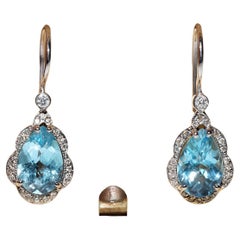 18k Gold Natural Diamond And Blue Topaz  Decorated Drop Earring 