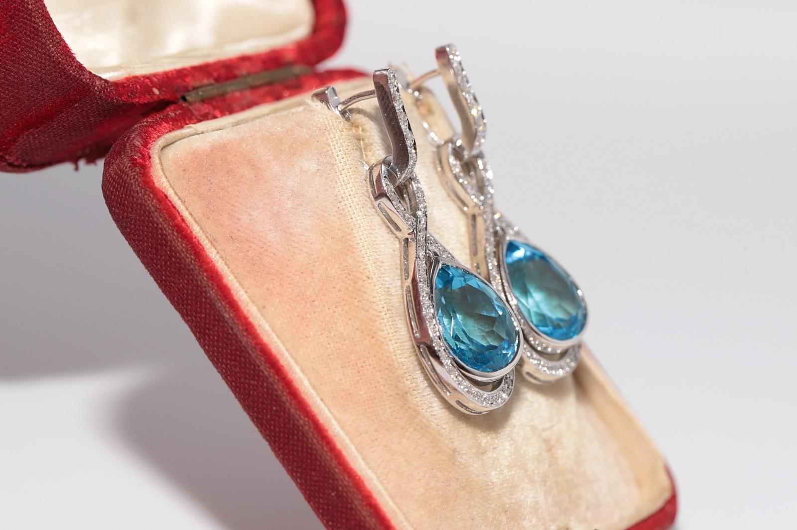 18k Gold Naturdiamant und Blautopas geschmückter Tropfenohrring (Brillantschliff) im Angebot