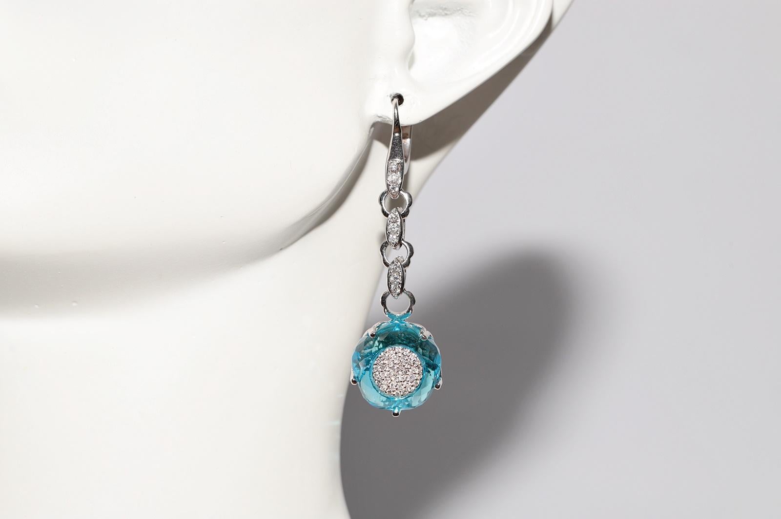 18k Gold Natural Diamond And Blue Topaz Decorated Strong Pretty Drop Earring For Sale 8