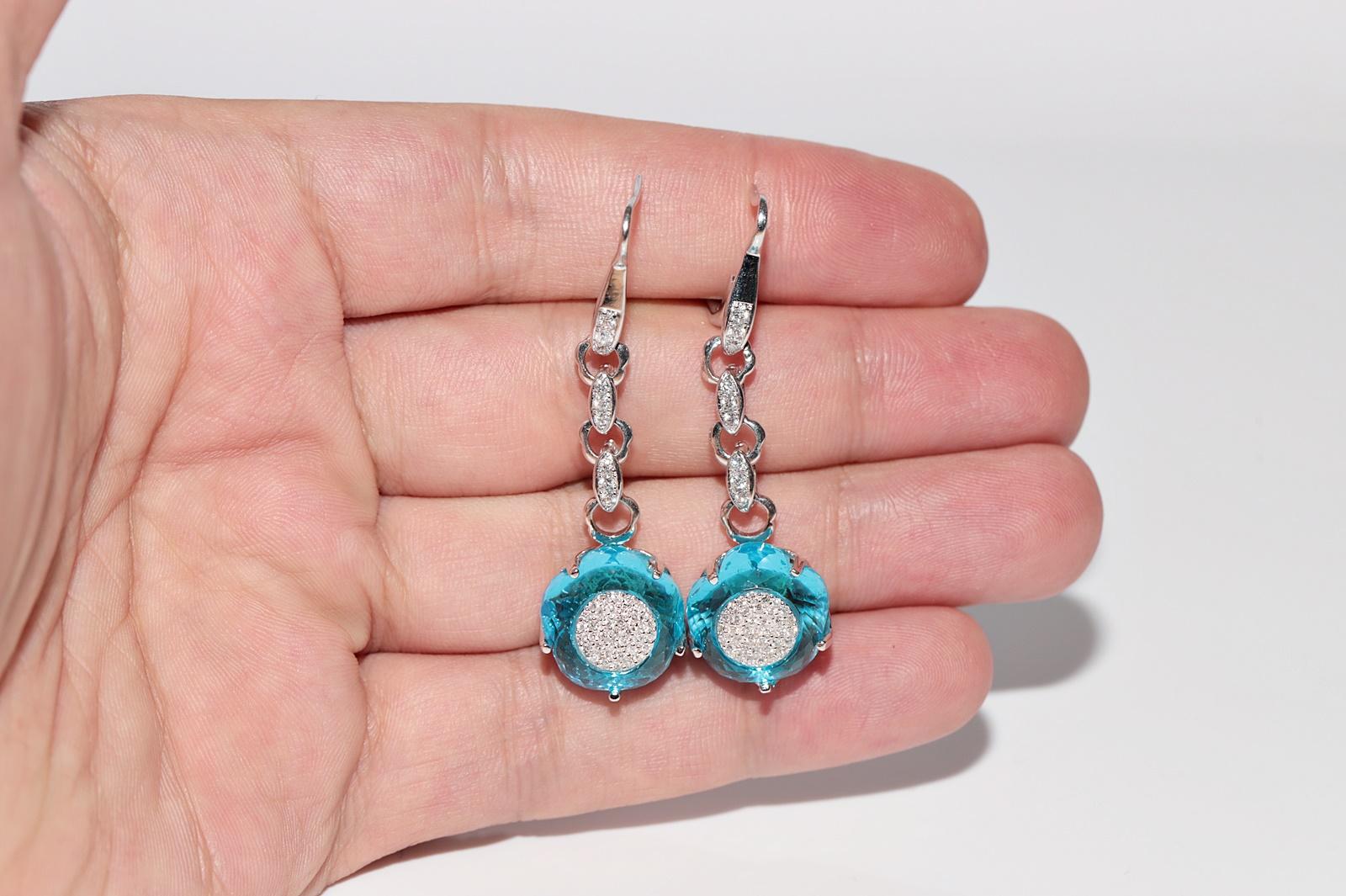 18k Gold Natural Diamond And Blue Topaz Decorated Strong Pretty Drop Earring For Sale 12