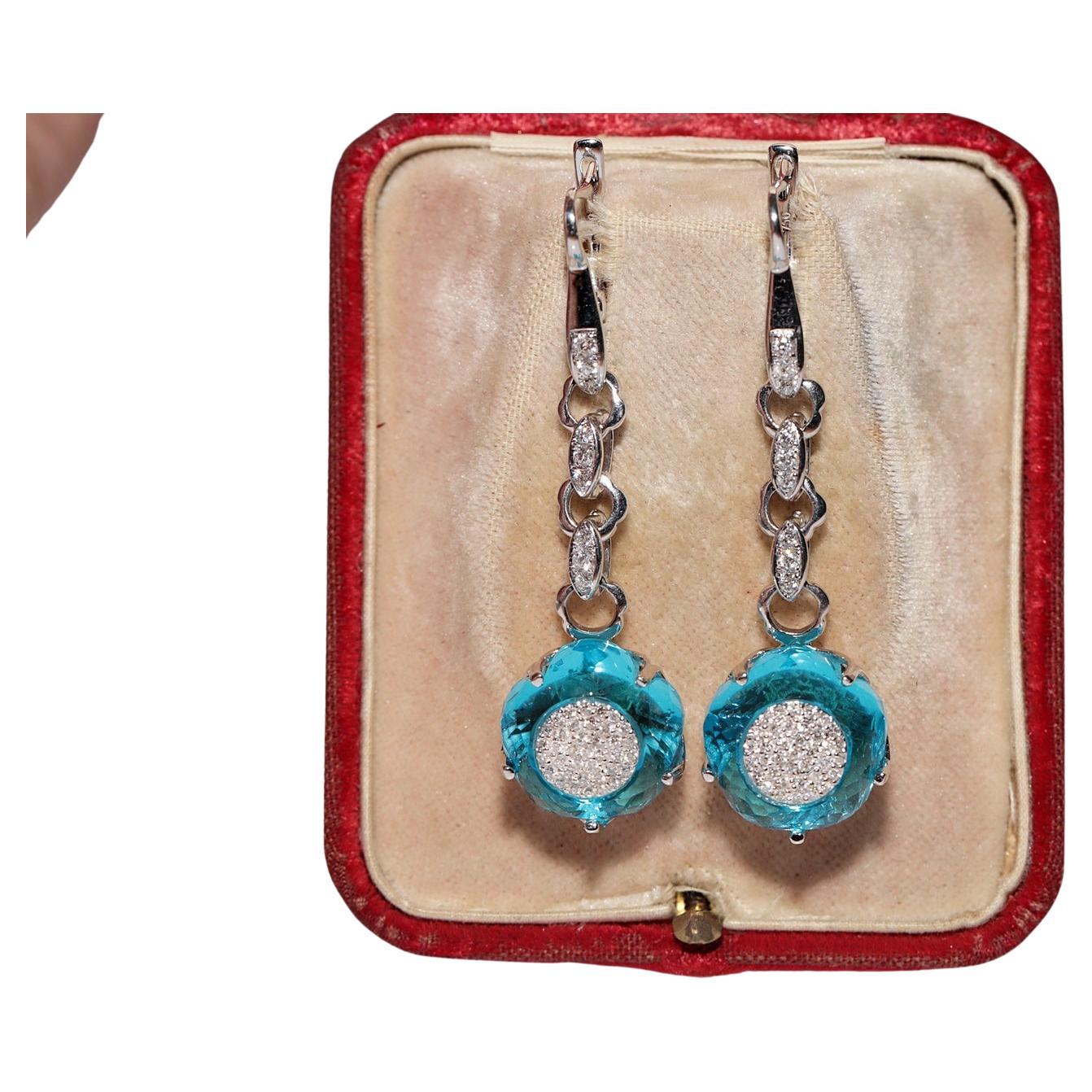 18k Gold Natural Diamond And Blue Topaz Decorated Strong Pretty Drop Earring