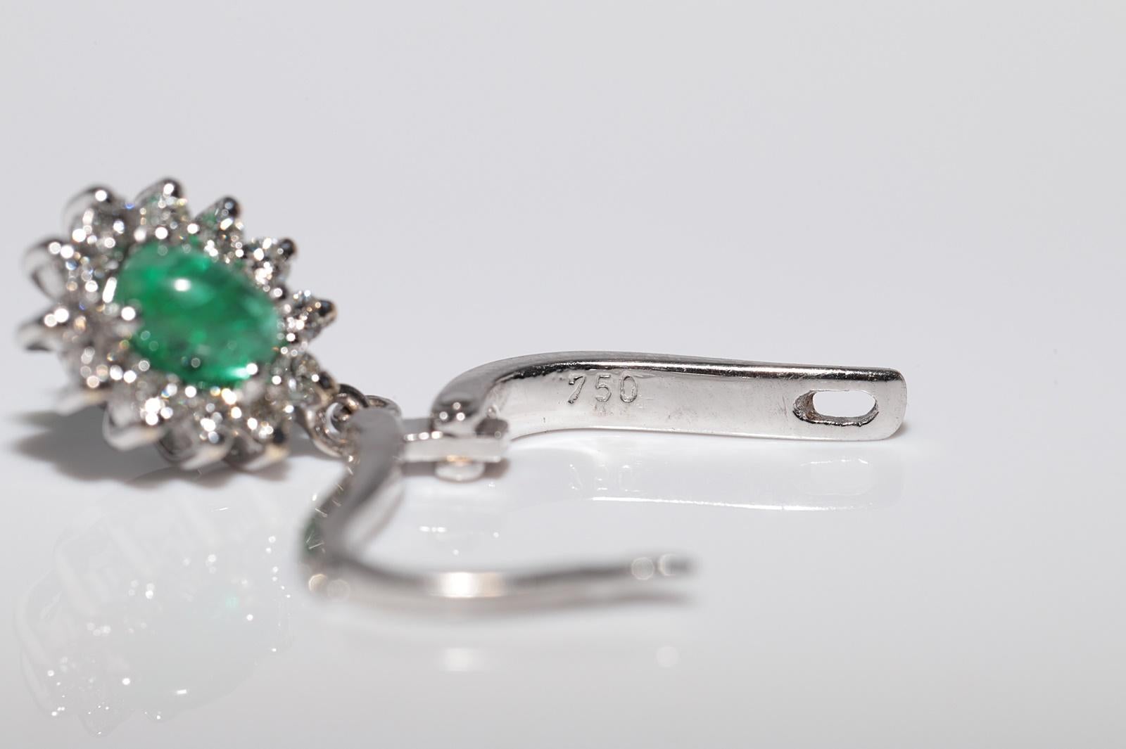 18k Gold Natural Diamond And Cabochon Cut Emerald Decorated Drop Earring For Sale 4