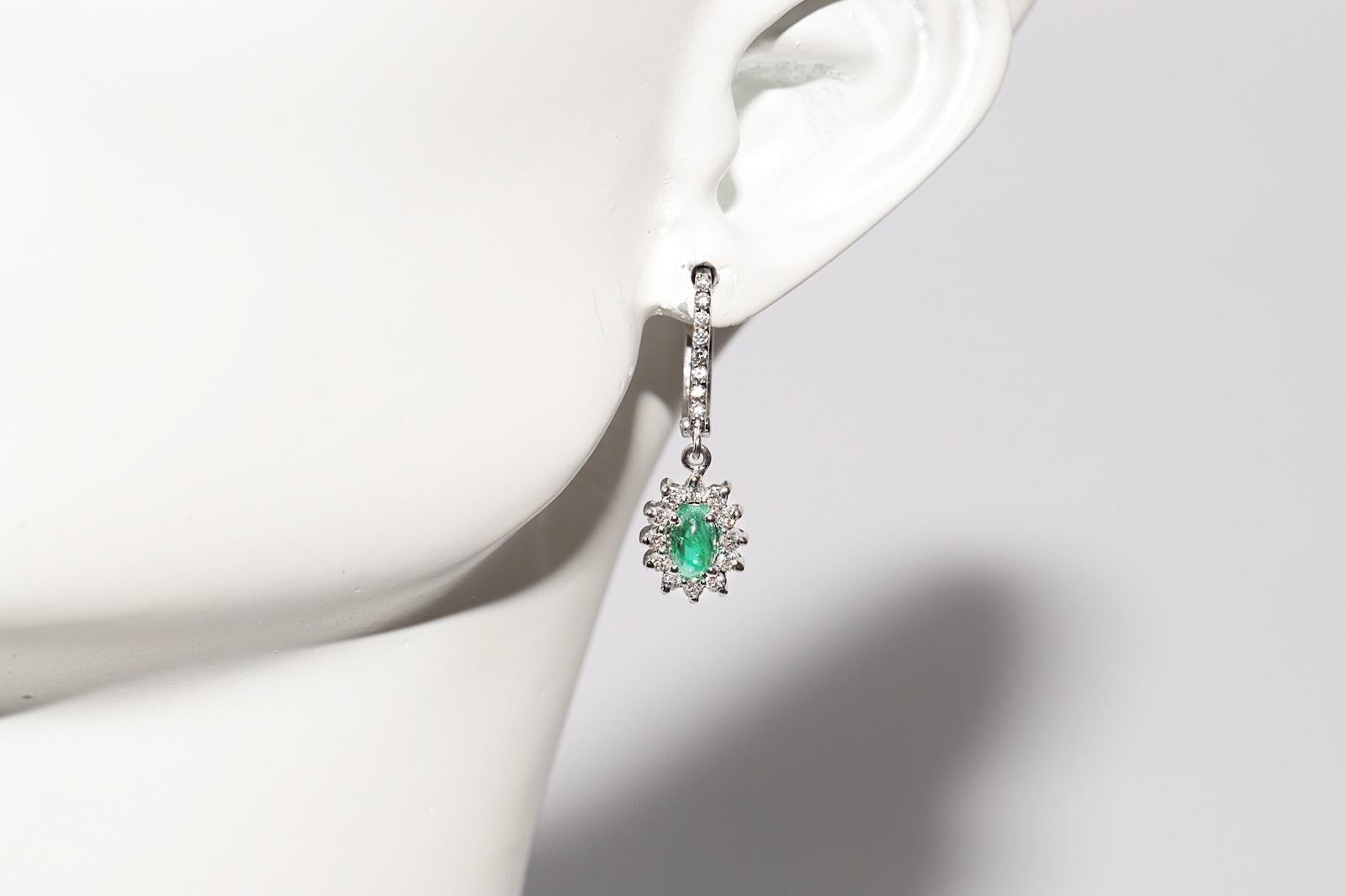 18k Gold Natural Diamond And Cabochon Cut Emerald Decorated Drop Earring For Sale 7