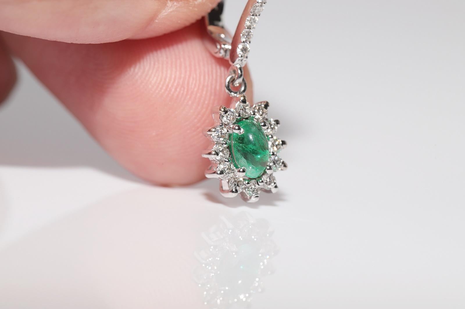 18k Gold Natural Diamond And Cabochon Cut Emerald Decorated Drop Earring For Sale 10