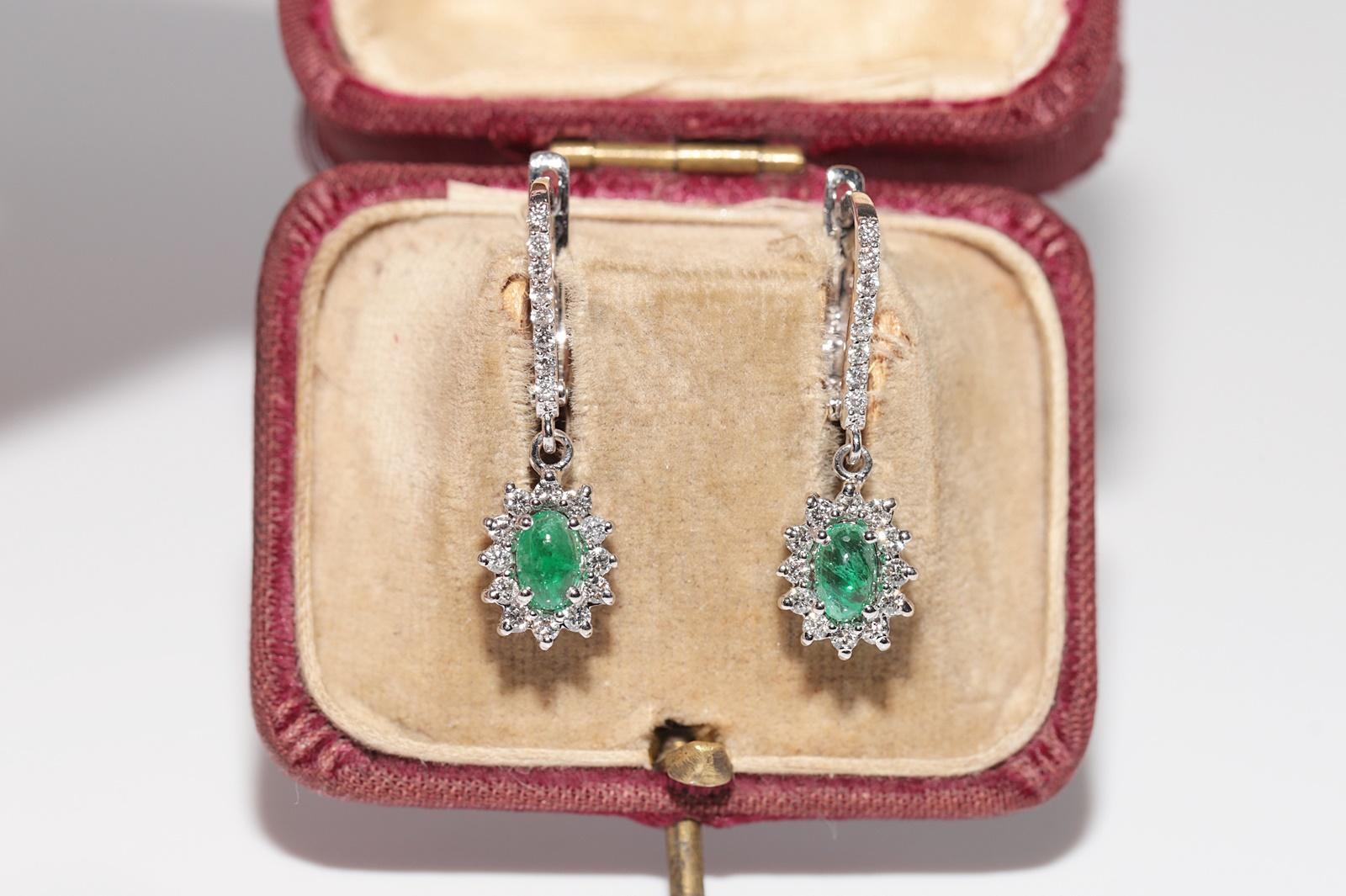 Modern 18k Gold Natural Diamond And Cabochon Cut Emerald Decorated Drop Earring For Sale