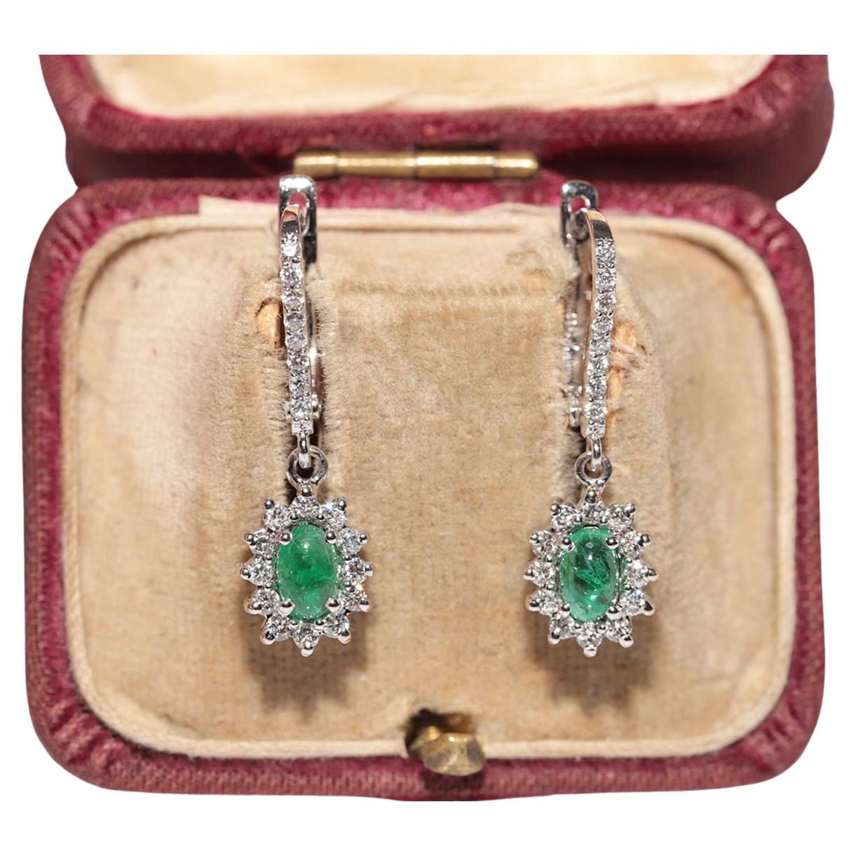 18k Gold Natural Diamond And Cabochon Cut Emerald Decorated Drop Earring