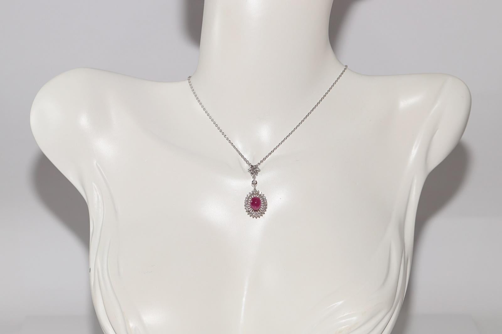 In very good condition.
Total weight is 6.6 grams.
Totally is diamond 0.54 ct.
The diamond is has H color and vs clarity.
Totally is ruby 1.49 ct.
Total lenght is chain 42 cm.
Please contact for any questions.