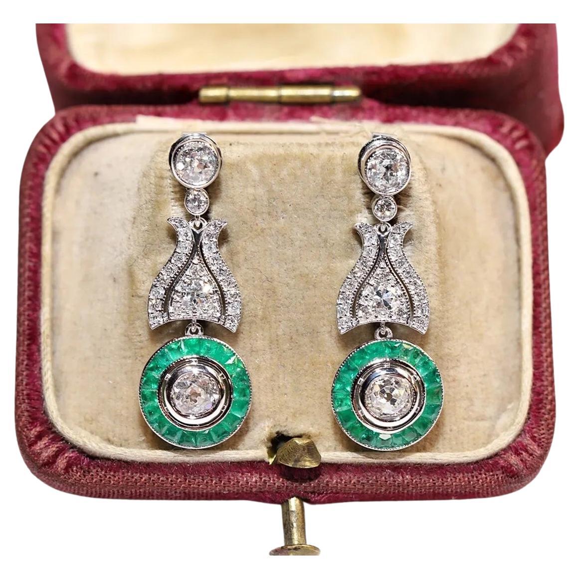 18K Gold Natural Diamond And Caliber Emerald Decorated Drop Earring  For Sale