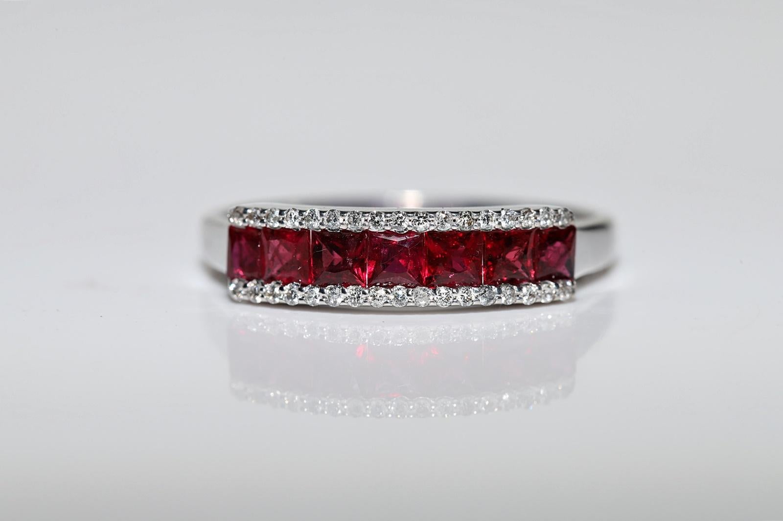 Brilliant Cut 18k Gold Natural Diamond And Caliber Ruby Decorated Pretty Band Ring  For Sale