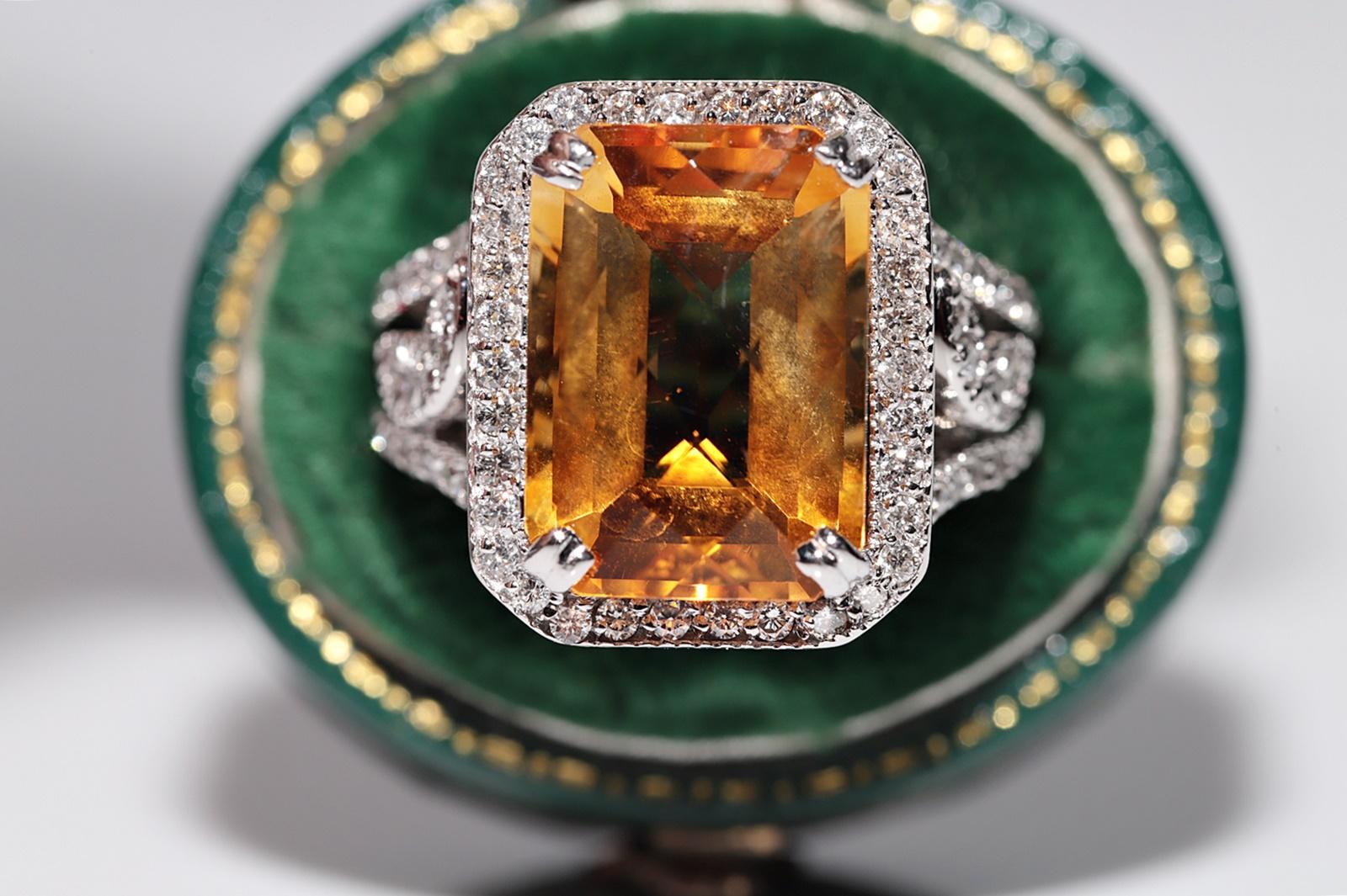 In very good condition.
Total weight is 9.5 grams.
Totally is diamond 0.67 ct.
Totally is citrine 7.83 ct.
The diamond is has G-H color and vvs-vs clarity.
Ring size is US 5.5 
We can make any size.
Box is not included.
Please contact for any