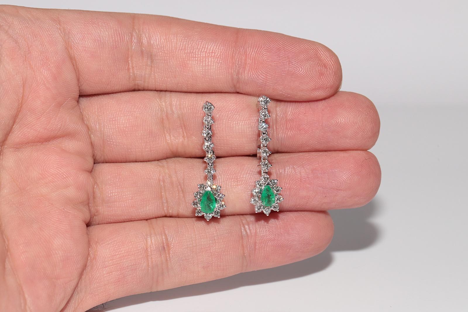 18k Gold Natural Diamond And Emerald Decorated Drop Earring For Sale 6