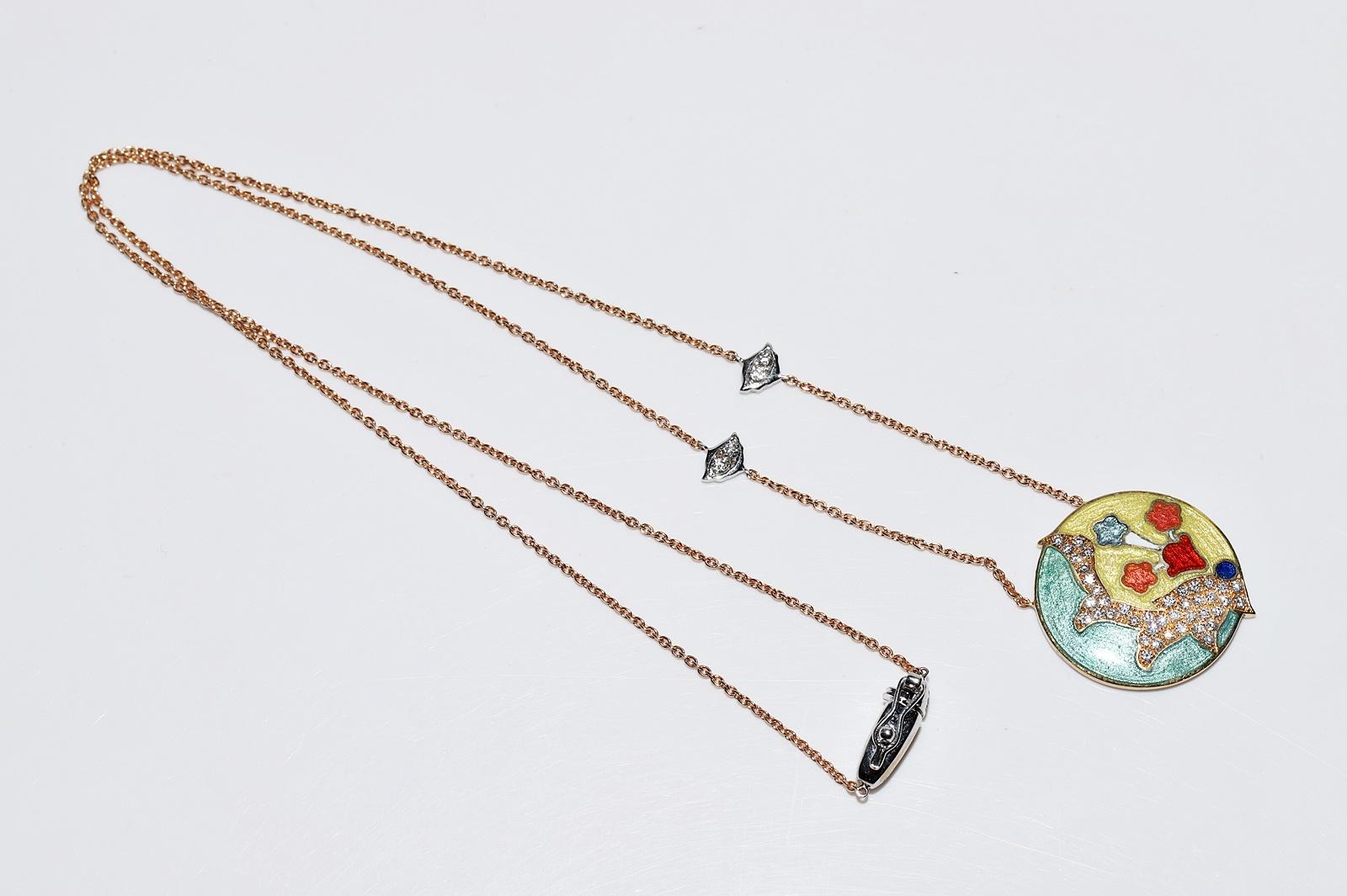 18k Gold Natural Diamond And Enamel Decorated Pretty Necklace For Sale 7